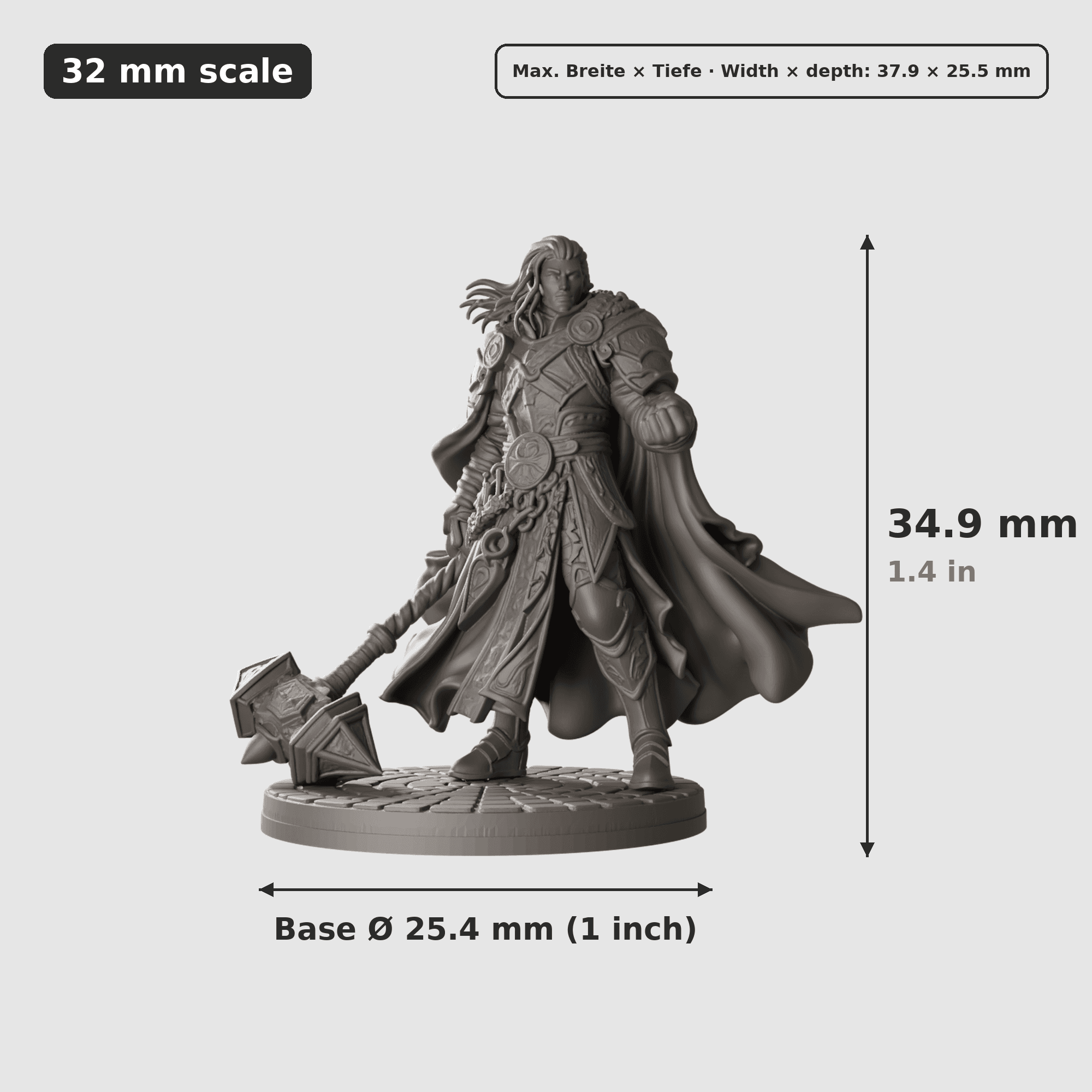 Digitale Maßreferenz / Scale reference für Gerüsteter Krieger mit Runenhammer mit Höhe / height, Breite / width, Tiefe / depth und Base-Durchmesser / base diameter.