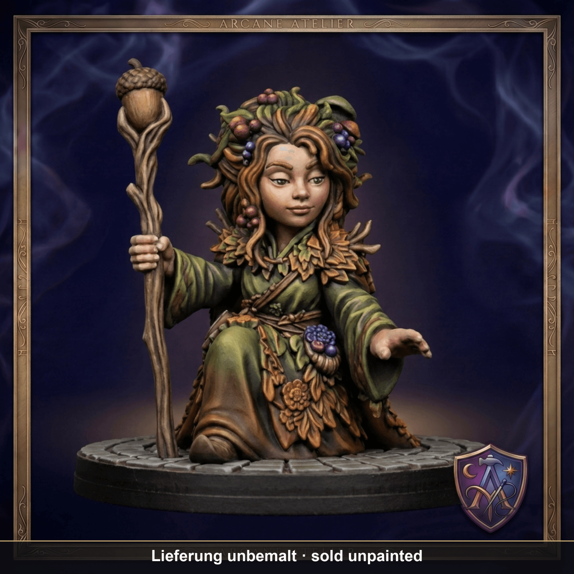 Digital gerenderte Bemalungsvorschau von Gnom-Druidin bei leuchtenden Pilzen; geliefert wird die Miniatur unbemalt.