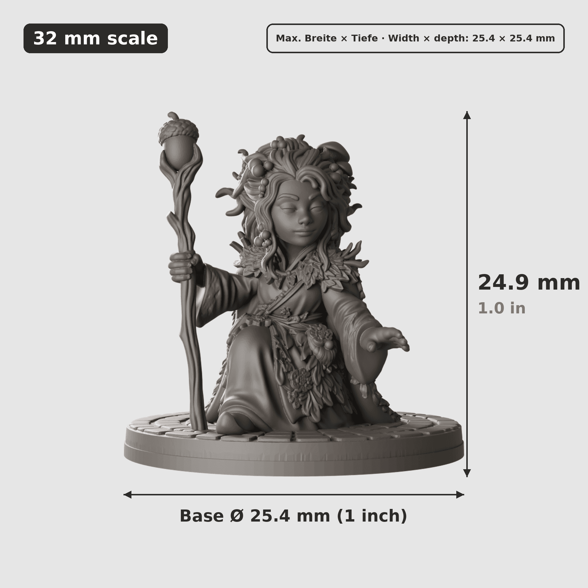 Digitale Maßreferenz / Scale reference für Gnom-Druidin bei leuchtenden Pilzen mit Höhe / height, Breite / width, Tiefe / depth und Base-Durchmesser / base diameter.