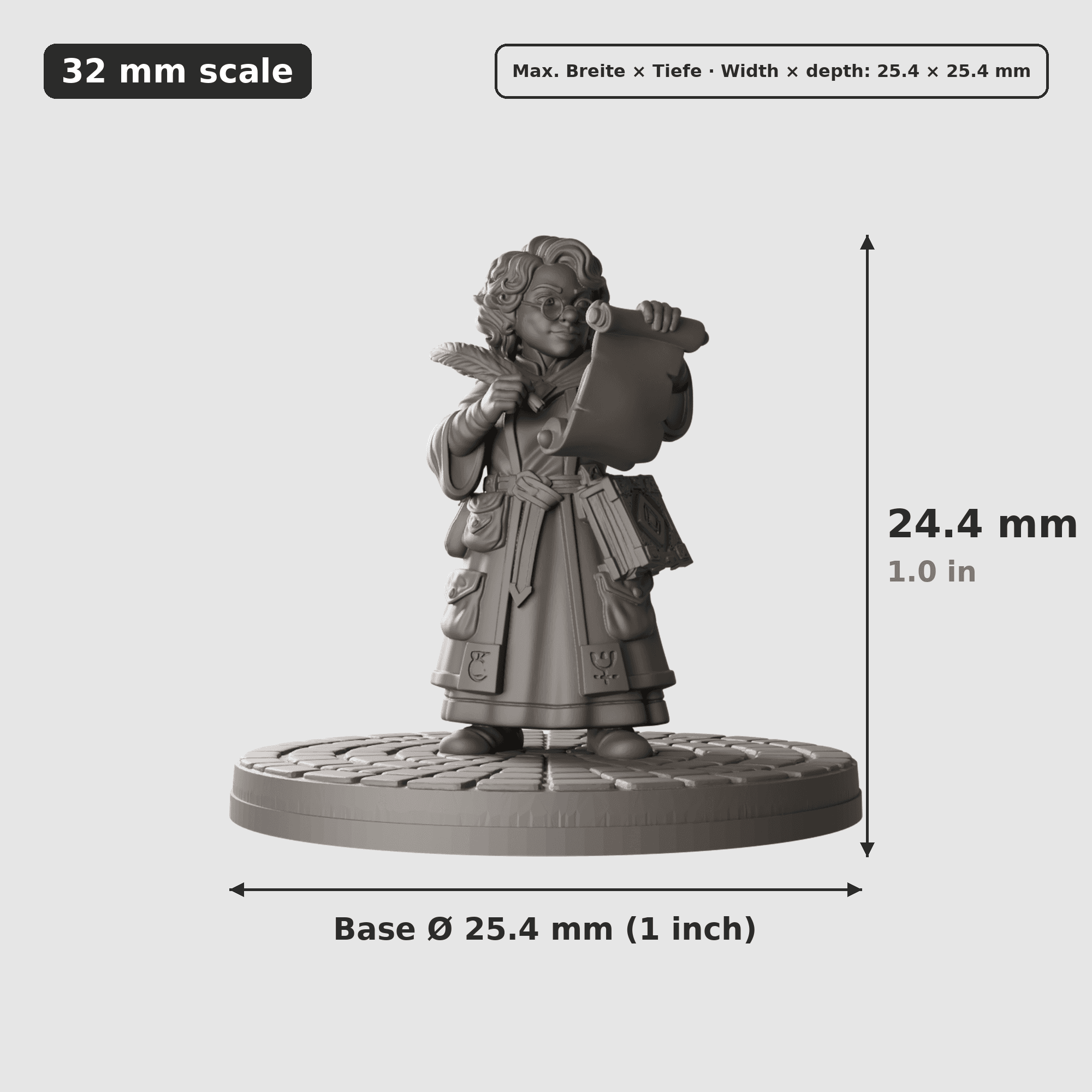 Digitale Maßreferenz / Scale reference für Gnom-Klerikerin mit Brille und Schriftrolle mit Höhe / height, Breite / width, Tiefe / depth und Base-Durchmesser / base diameter.