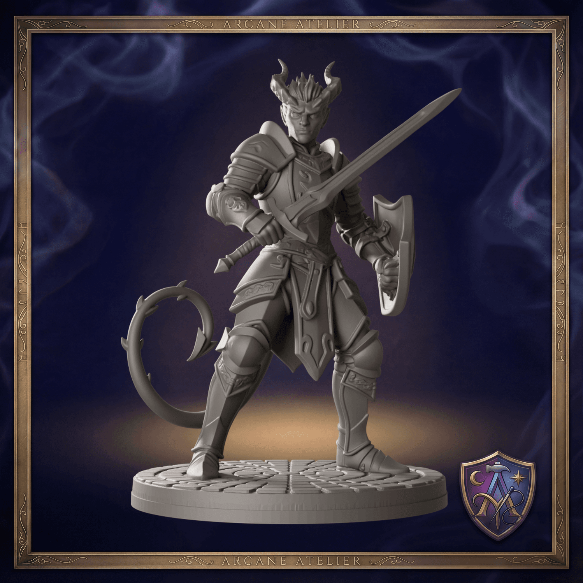 Digitaler Produkt-Render von Tiefling-Krieger mit Langschwert und Schild in unbemaltem Dunkelgrau.