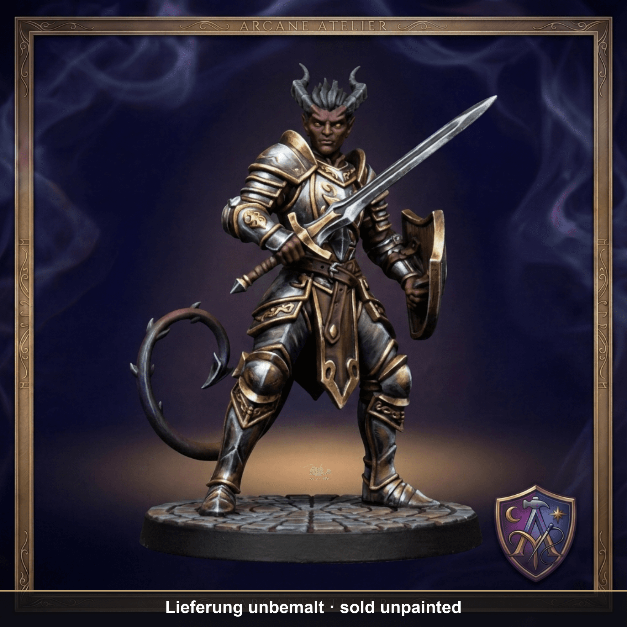 Digital gerenderte Bemalungsvorschau von Tiefling-Krieger mit Langschwert und Schild; geliefert wird die Miniatur unbemalt.