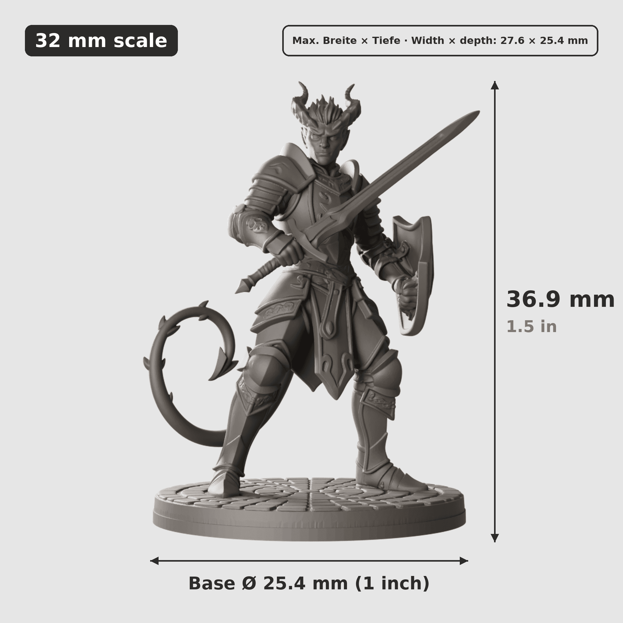 Digitale Maßreferenz / Scale reference für Tiefling-Krieger mit Langschwert und Schild mit Höhe / height, Breite / width, Tiefe / depth und Base-Durchmesser / base diameter.