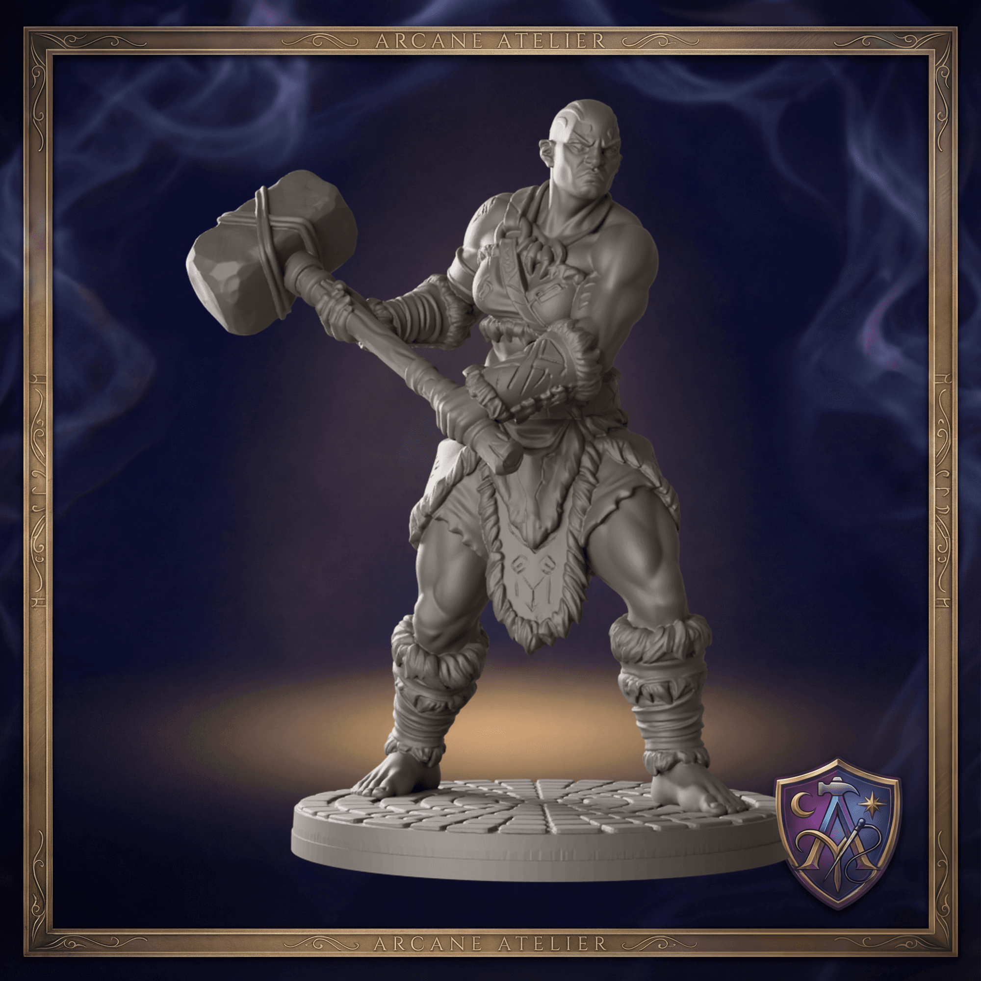 Digitaler Produkt-Render von Goliath-Barbarin mit Großhammer in unbemaltem Dunkelgrau.