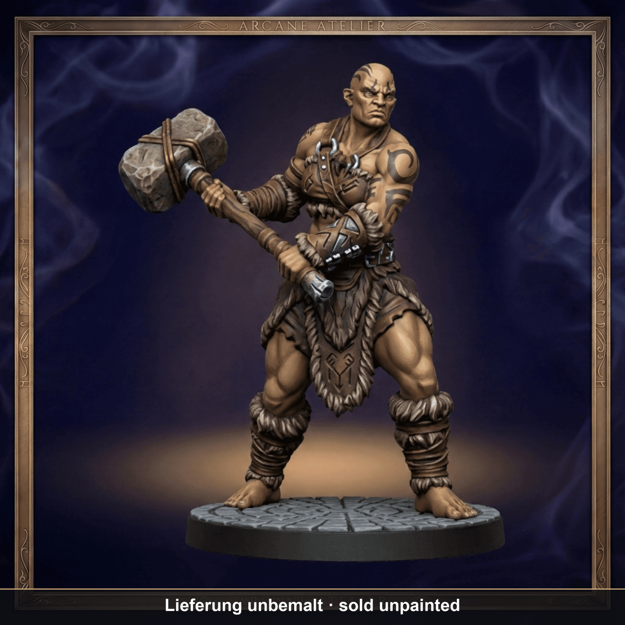 Digital gerenderte Bemalungsvorschau von Goliath-Barbarin mit Großhammer; geliefert wird die Miniatur unbemalt.