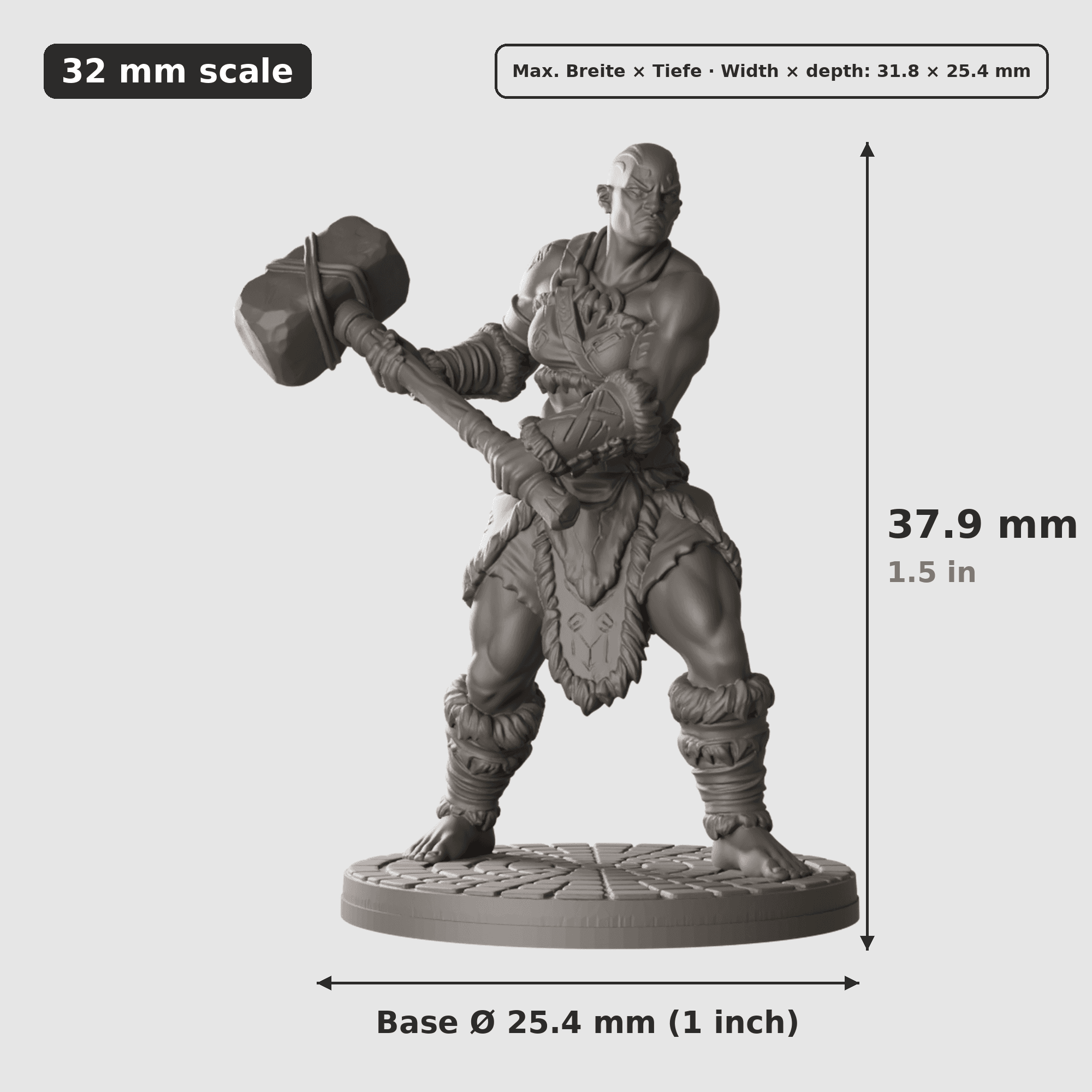 Digitale Maßreferenz / Scale reference für Goliath-Barbarin mit Großhammer mit Höhe / height, Breite / width, Tiefe / depth und Base-Durchmesser / base diameter.