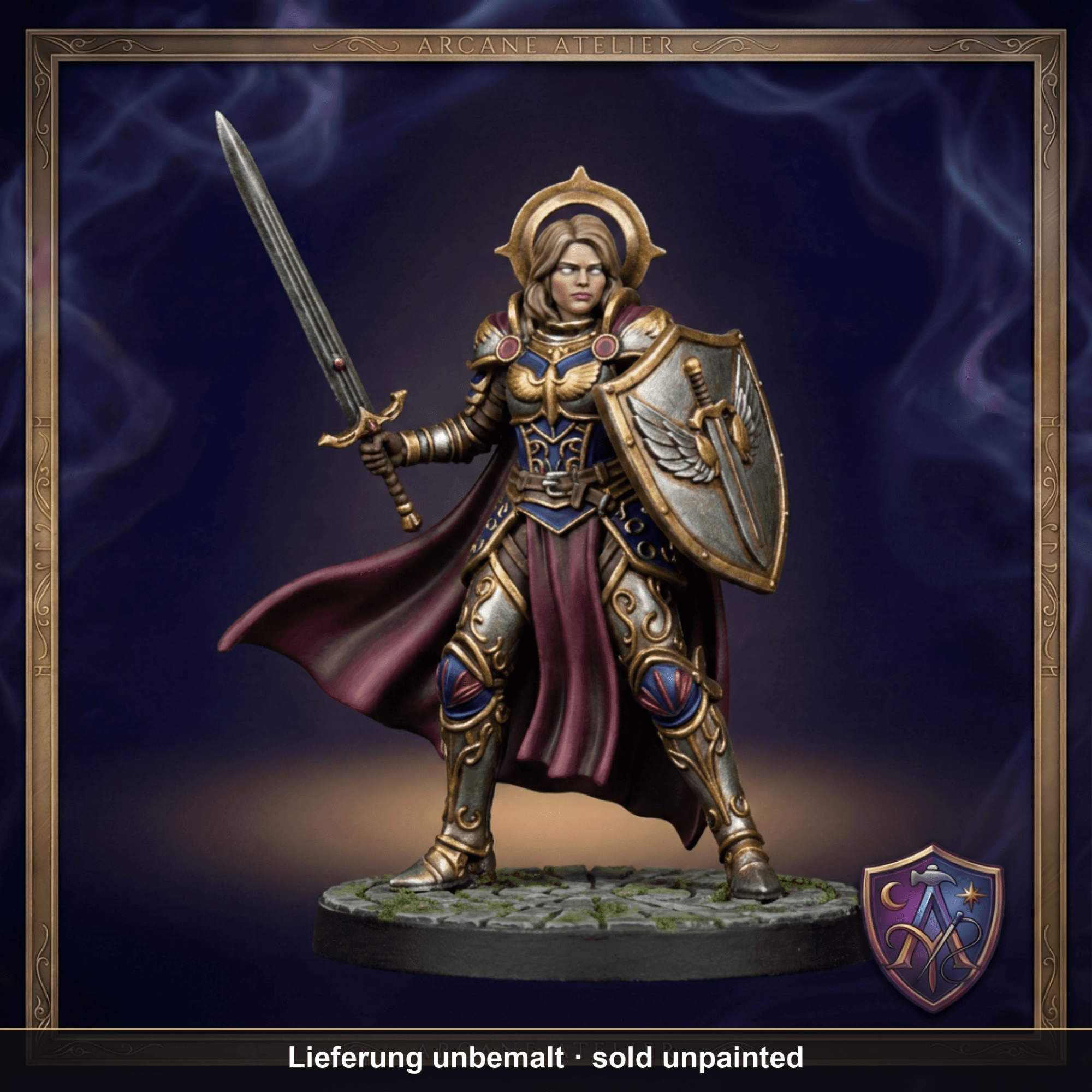 Digital gerenderte Bemalungsvorschau von Aasimar-Paladinin mit Halo; geliefert wird die Miniatur unbemalt.