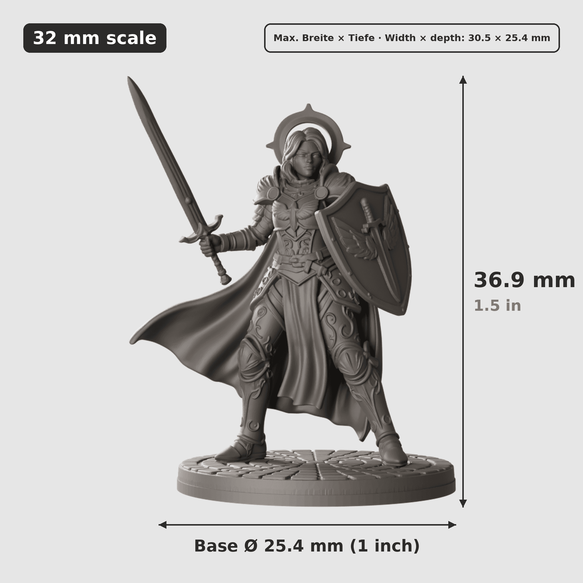 Digitale Maßreferenz / Scale reference für Aasimar-Paladinin mit Halo mit Höhe / height, Breite / width, Tiefe / depth und Base-Durchmesser / base diameter.