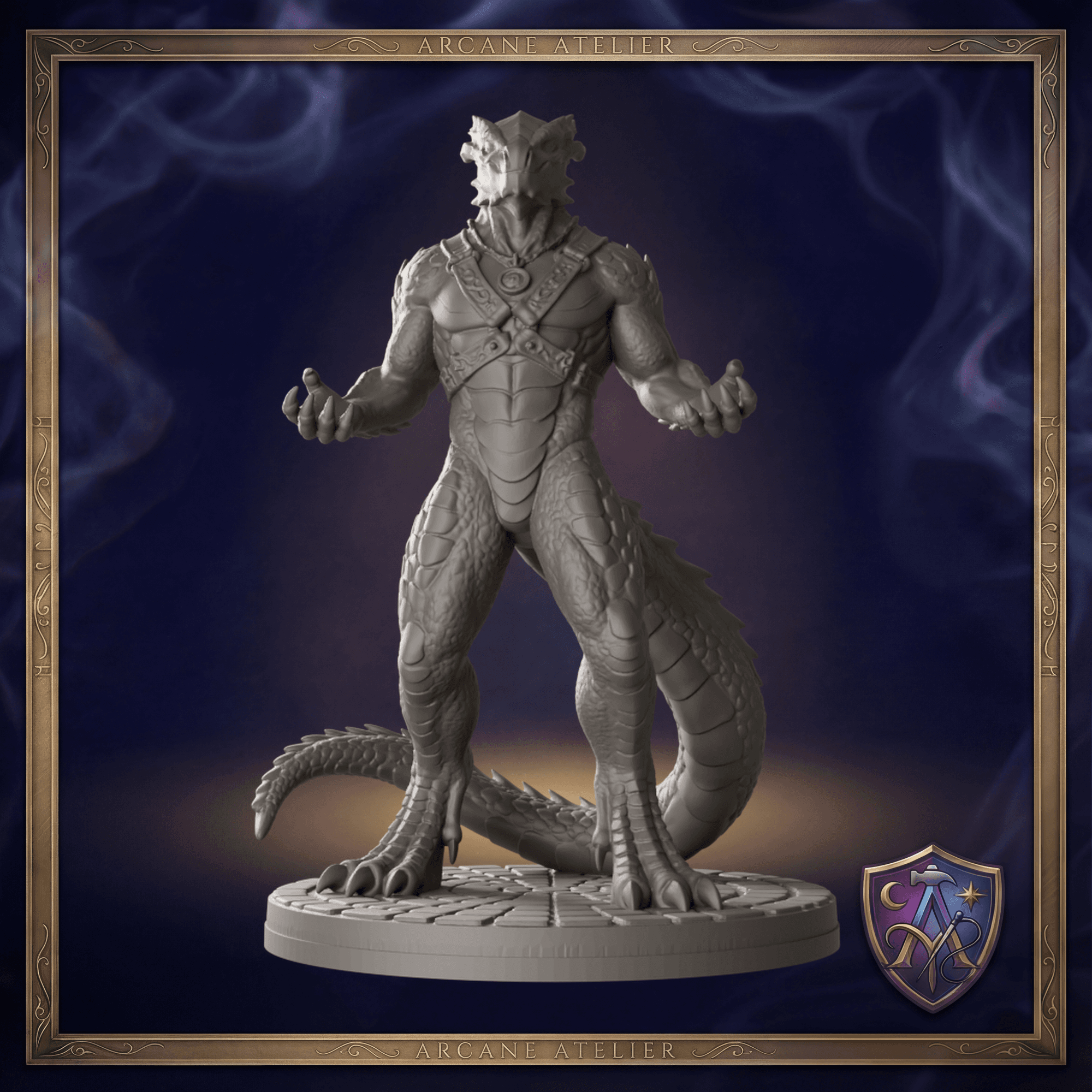 Digitaler Produkt-Render von Dragonborn-Zauberer mit Schuppenornamenten in unbemaltem Dunkelgrau.