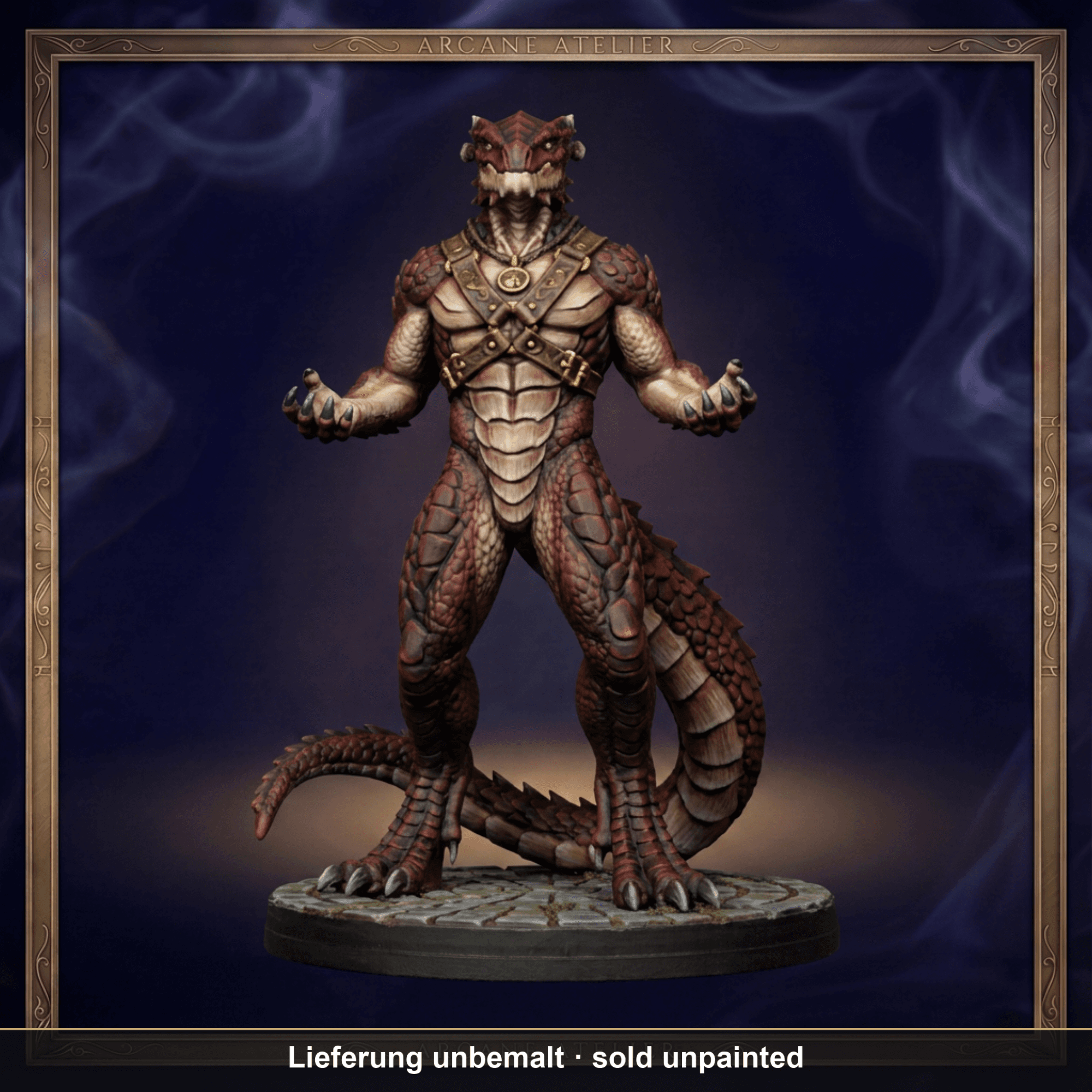 Digital gerenderte Bemalungsvorschau von Dragonborn-Zauberer mit Schuppenornamenten; geliefert wird die Miniatur unbemalt.