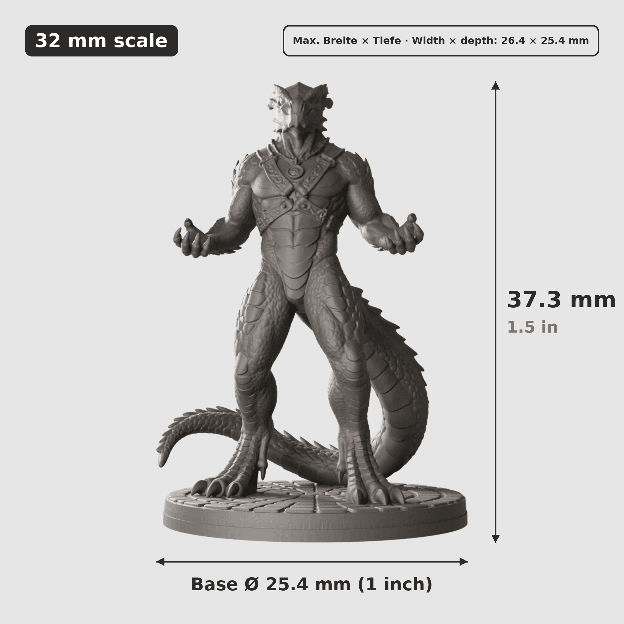 Digitale Maßreferenz / Scale reference für Dragonborn-Zauberer mit Schuppenornamenten mit Höhe / height, Breite / width, Tiefe / depth und Base-Durchmesser / base diameter.