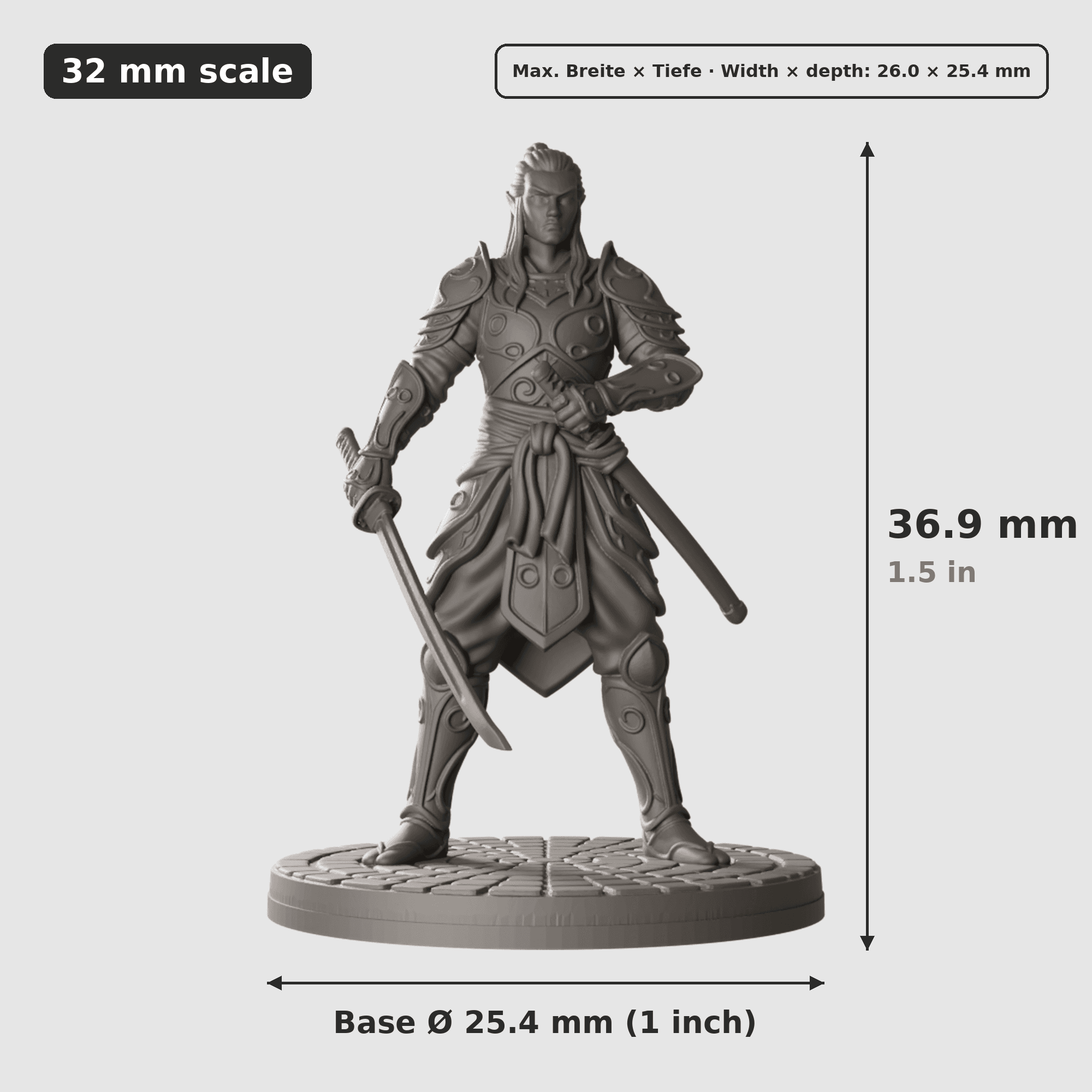 Digitale Maßreferenz / Scale reference für Elf-Krieger mit gezogenem Langschwert mit Höhe / height, Breite / width, Tiefe / depth und Base-Durchmesser / base diameter.