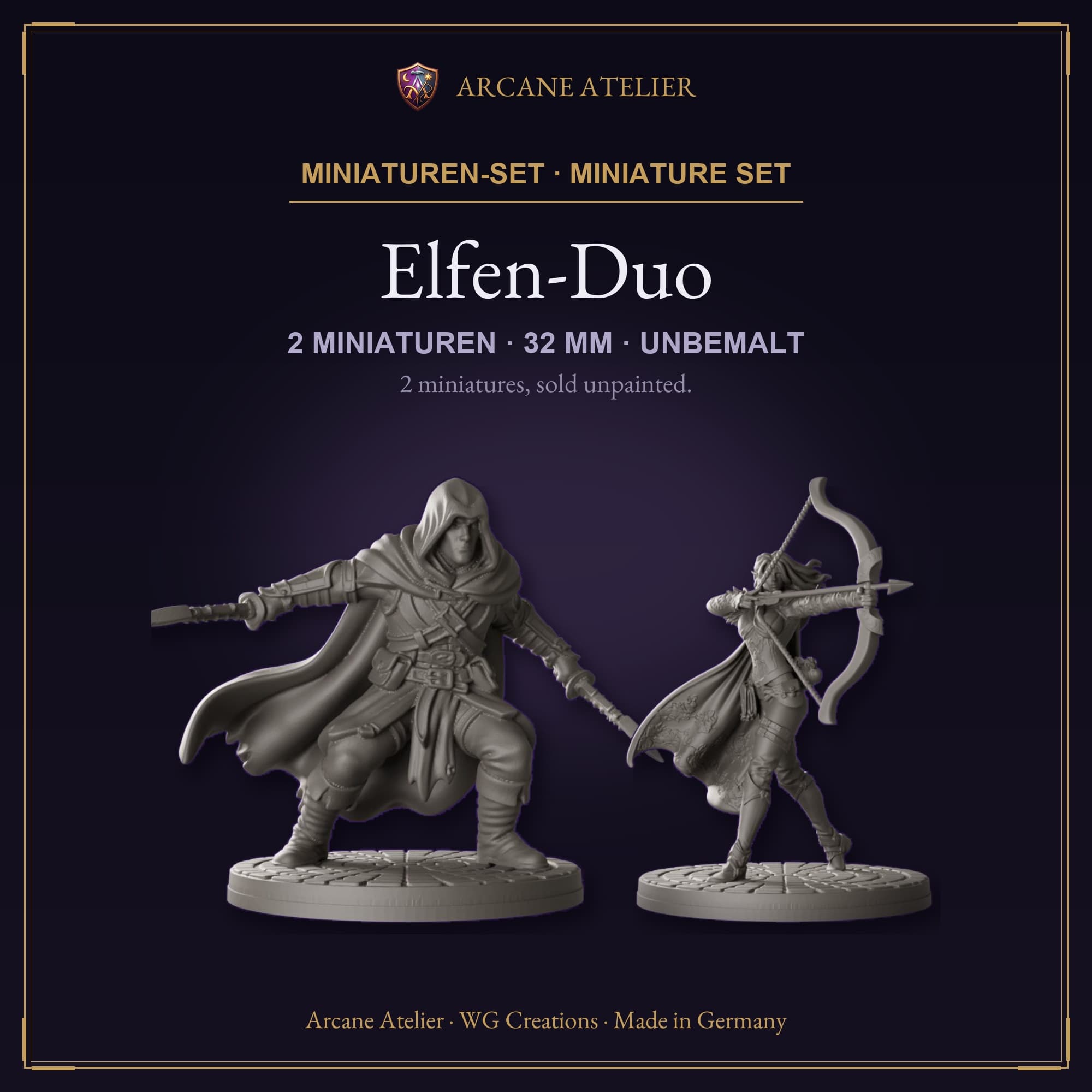 Digitaler Produkt-Render (1 von 2) von Elfen-Duo aus Schurke und Waldläuferin in unbemaltem Dunkelgrau.