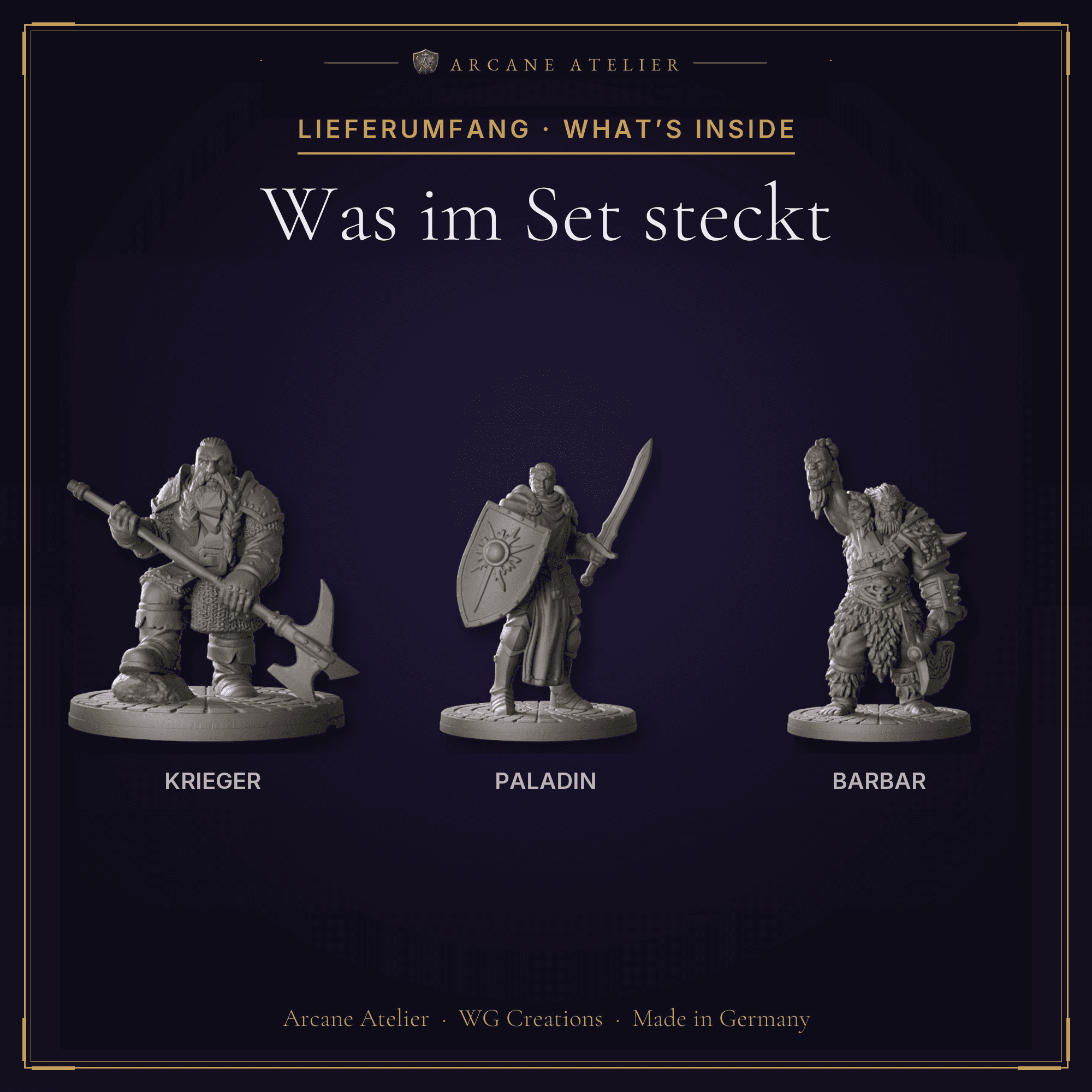 Digitaler Produkt-Render (2 von 2) von Nahkämpfer-Trio aus Krieger in unbemaltem Dunkelgrau.