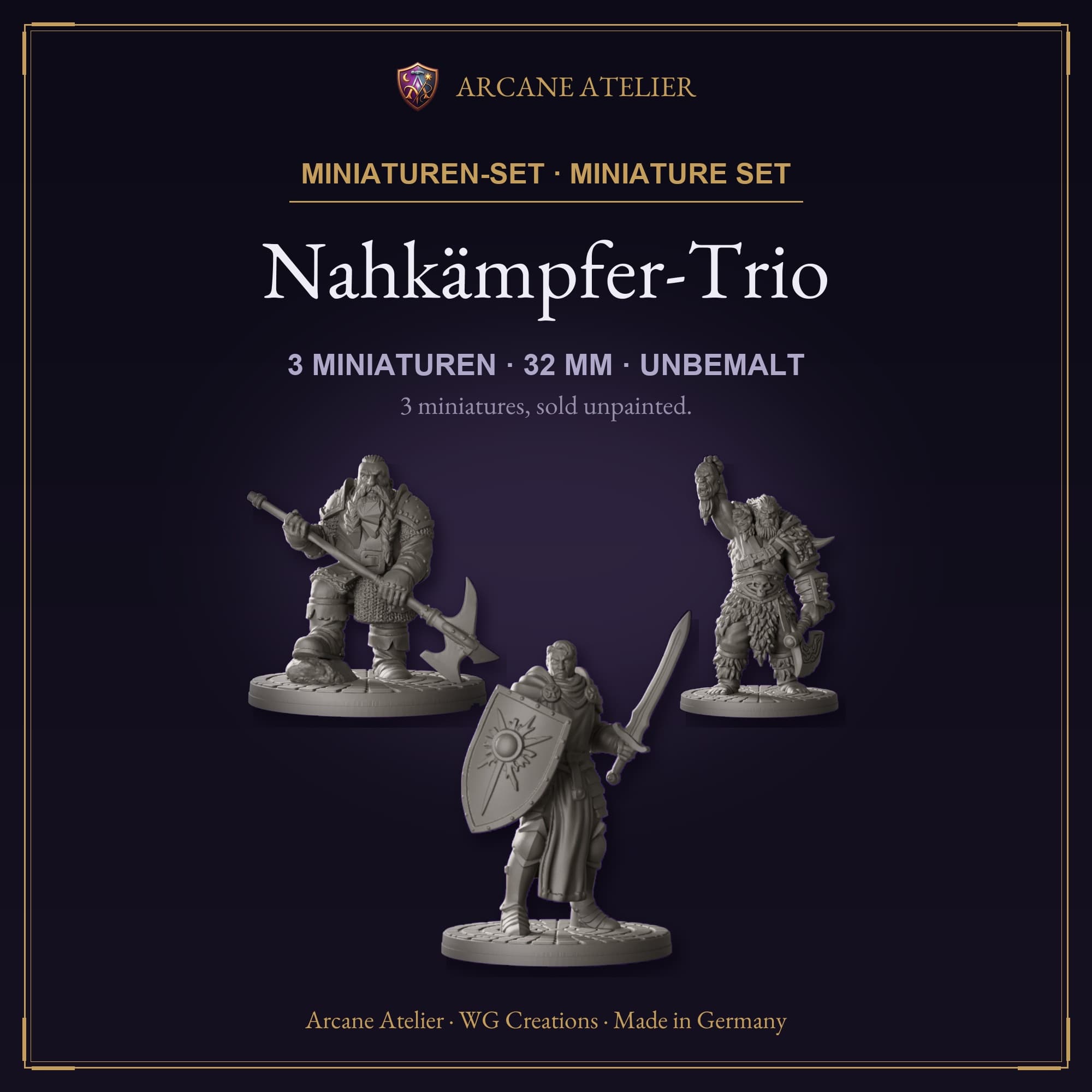 Digitaler Produkt-Render (1 von 2) von Nahkämpfer-Trio aus Krieger in unbemaltem Dunkelgrau.