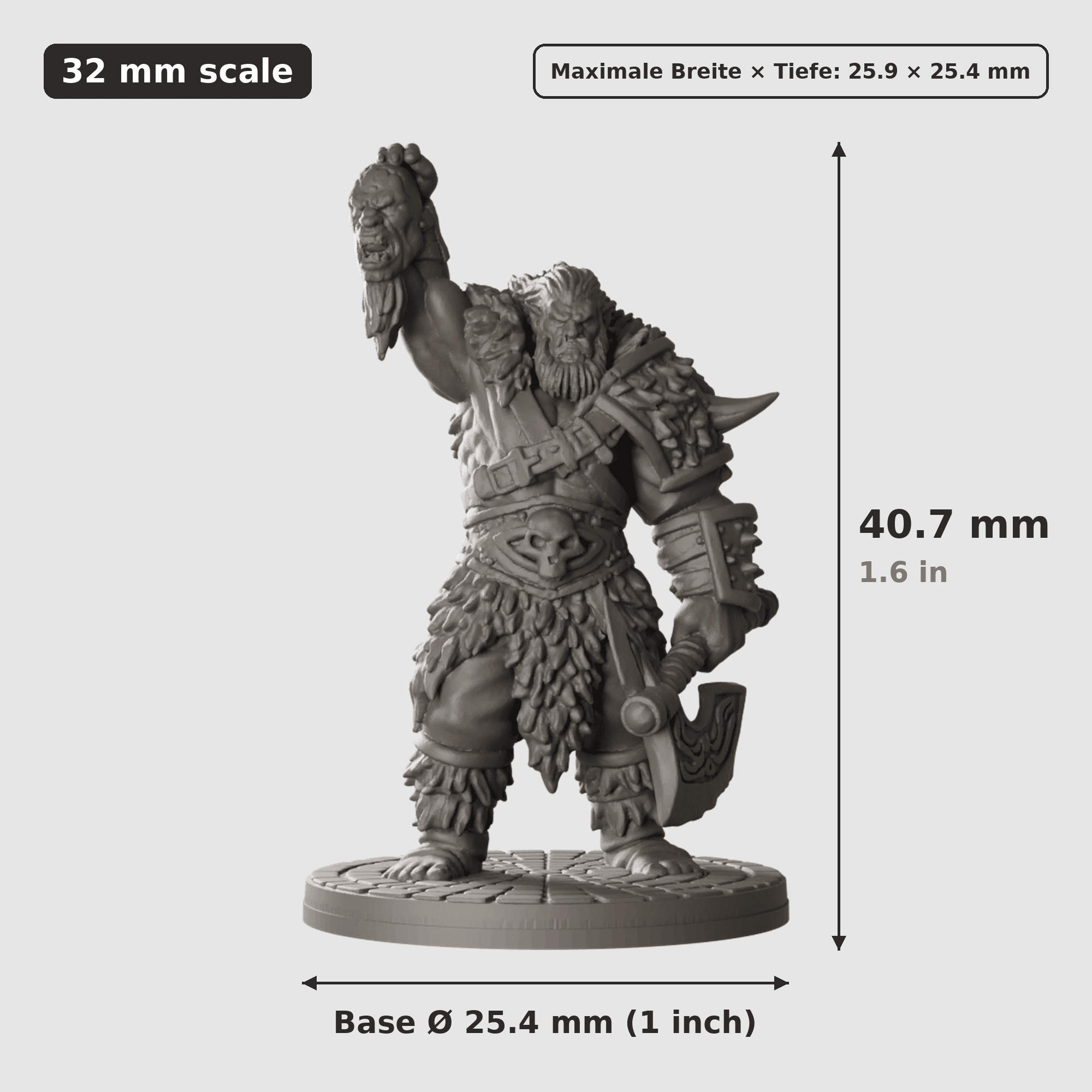 Digitale Maßreferenz / Scale reference (3 von 3) für Nahkämpfer-Trio aus Krieger mit Höhe / height, Breite / width, Tiefe / depth und Base-Durchmesser / base diameter.