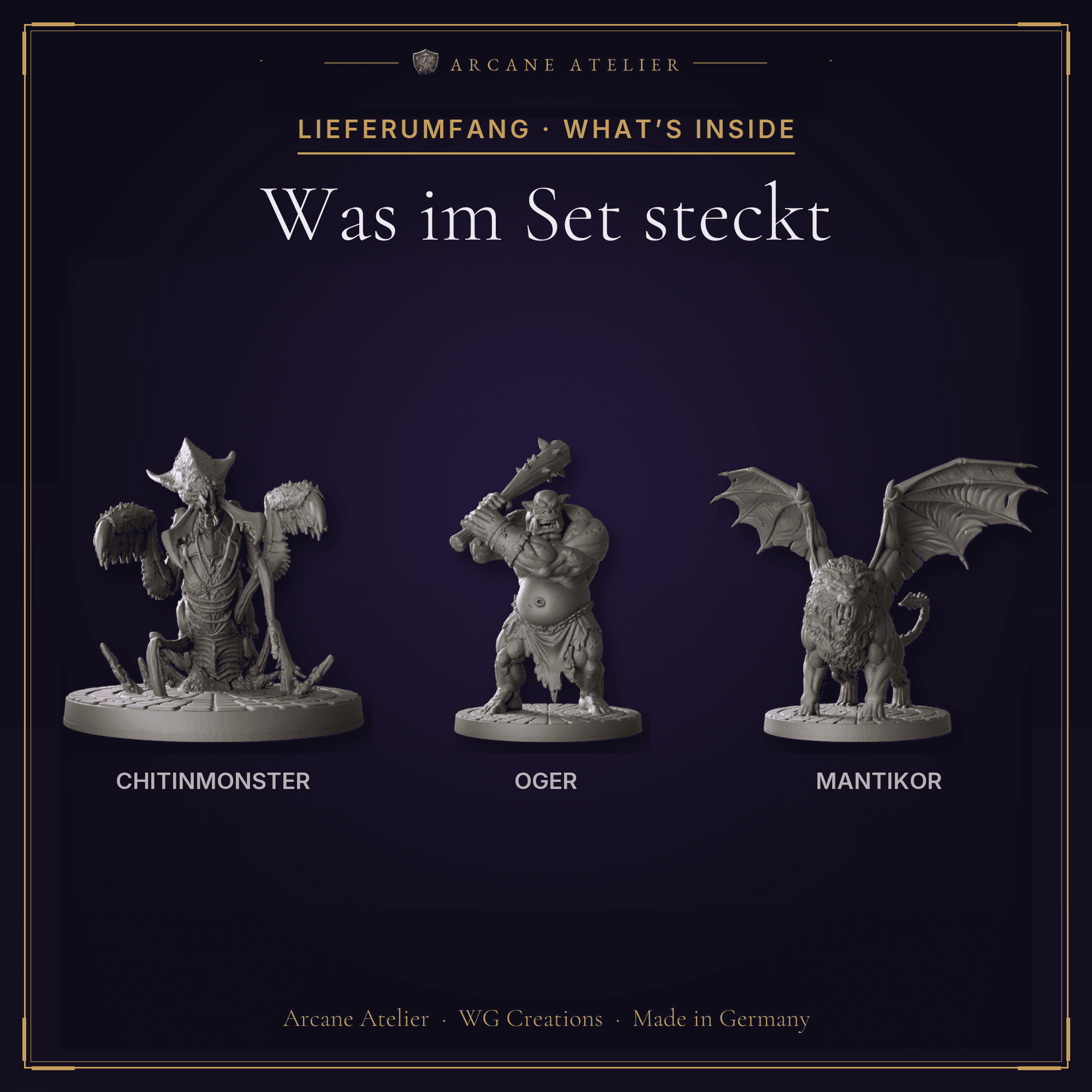 Digitaler Produkt-Render (2 von 2) von Monster-Trio für Spielleiter in unbemaltem Dunkelgrau.