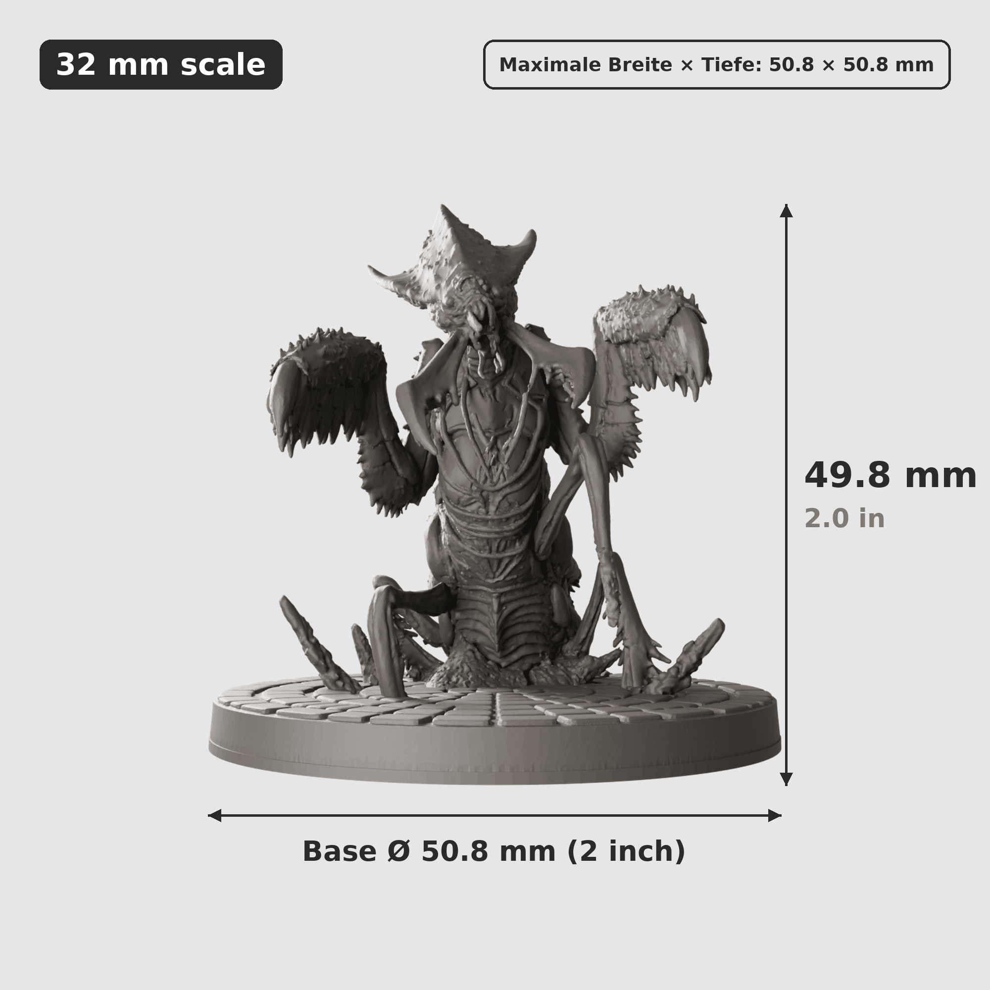 Digitale Maßreferenz / Scale reference (1 von 3) für Monster-Trio für Spielleiter mit Höhe / height, Breite / width, Tiefe / depth und Base-Durchmesser / base diameter.