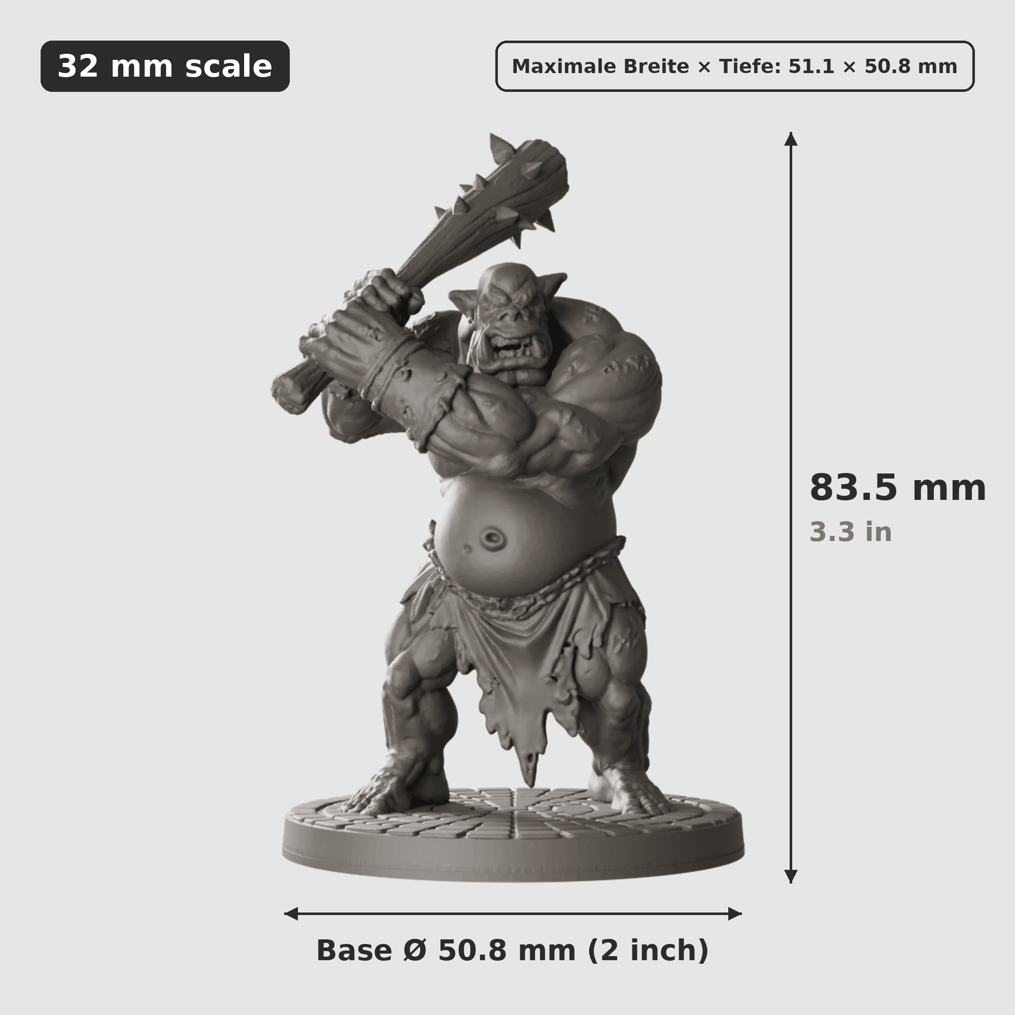 Digitale Maßreferenz / Scale reference (2 von 3) für Monster-Trio für Spielleiter mit Höhe / height, Breite / width, Tiefe / depth und Base-Durchmesser / base diameter.