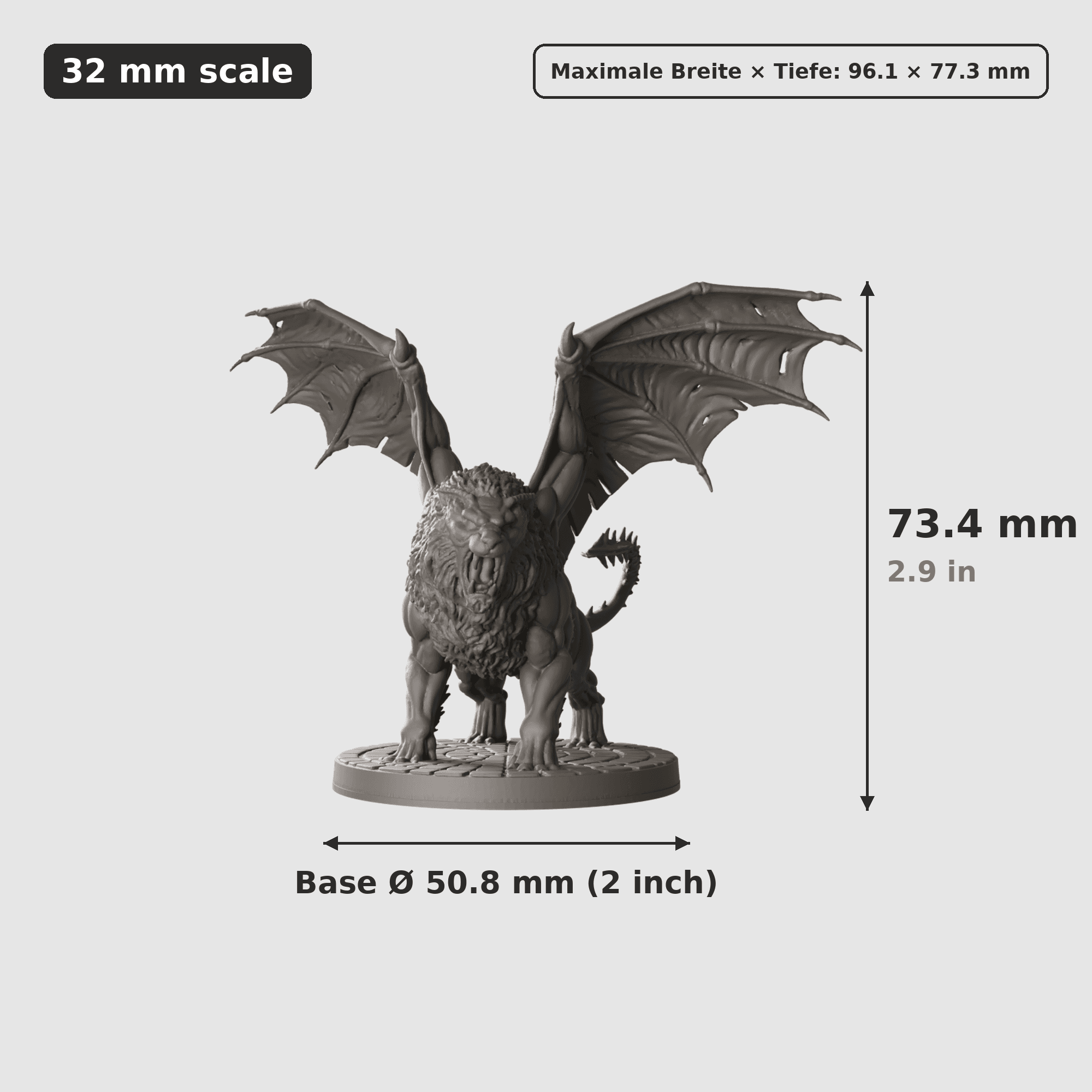 Digitale Maßreferenz / Scale reference (3 von 3) für Monster-Trio für Spielleiter mit Höhe / height, Breite / width, Tiefe / depth und Base-Durchmesser / base diameter.