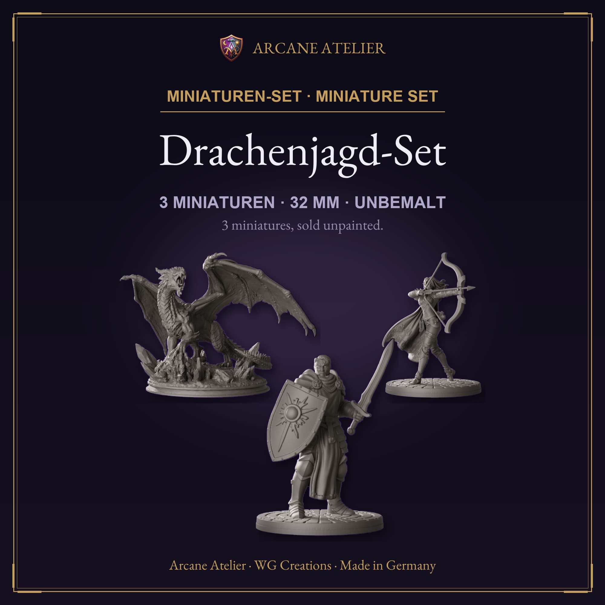 Digitaler Produkt-Render (1 von 2) von Drachenjagd mit jungem Drachen und zwei Helden in unbemaltem Dunkelgrau.