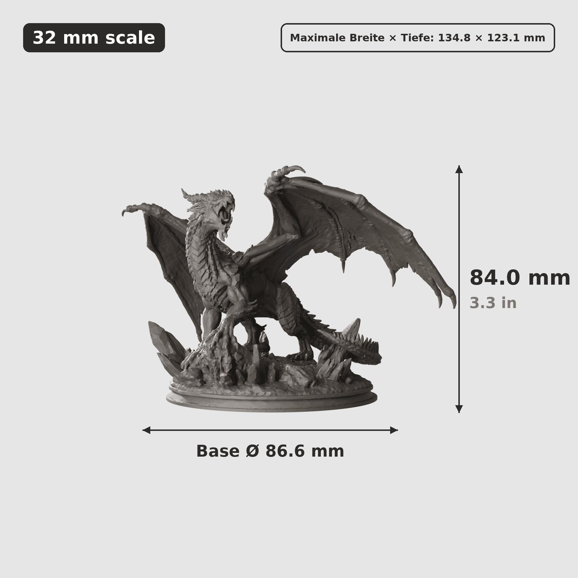 Digitale Maßreferenz / Scale reference (3 von 3) für Drachenjagd mit jungem Drachen und zwei Helden mit Höhe / height, Breite / width, Tiefe / depth und Base-Durchmesser / base diameter.