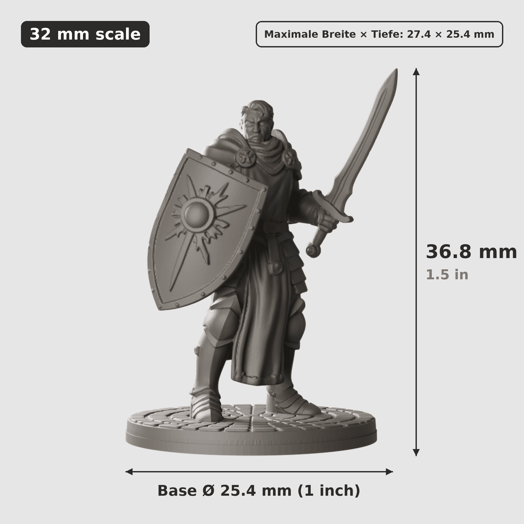 Digitale Maßreferenz / Scale reference (1 von 3) für Drachenjagd mit jungem Drachen und zwei Helden mit Höhe / height, Breite / width, Tiefe / depth und Base-Durchmesser / base diameter.