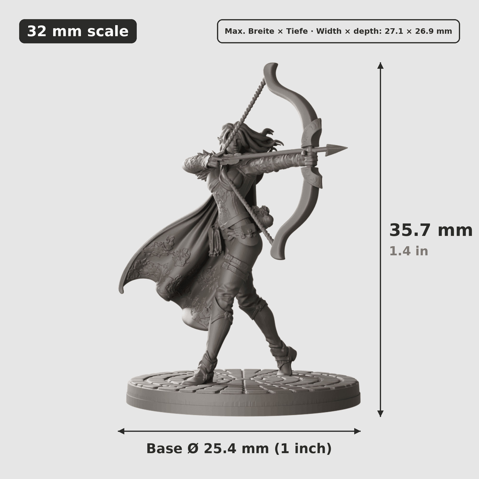 Digitale Maßreferenz / Scale reference (2 von 3) für Drachenjagd mit jungem Drachen und zwei Helden mit Höhe / height, Breite / width, Tiefe / depth und Base-Durchmesser / base diameter.