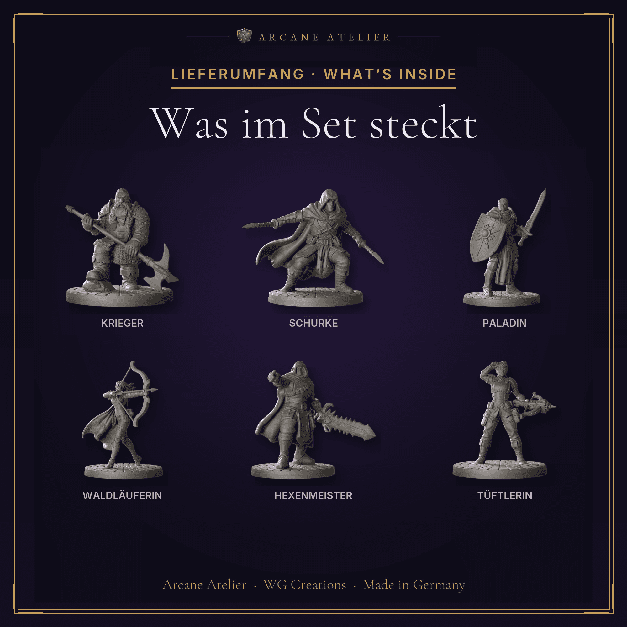 Digitaler Produkt-Render (2 von 2) von Abenteurergruppe mit sechs Figuren in unbemaltem Dunkelgrau.