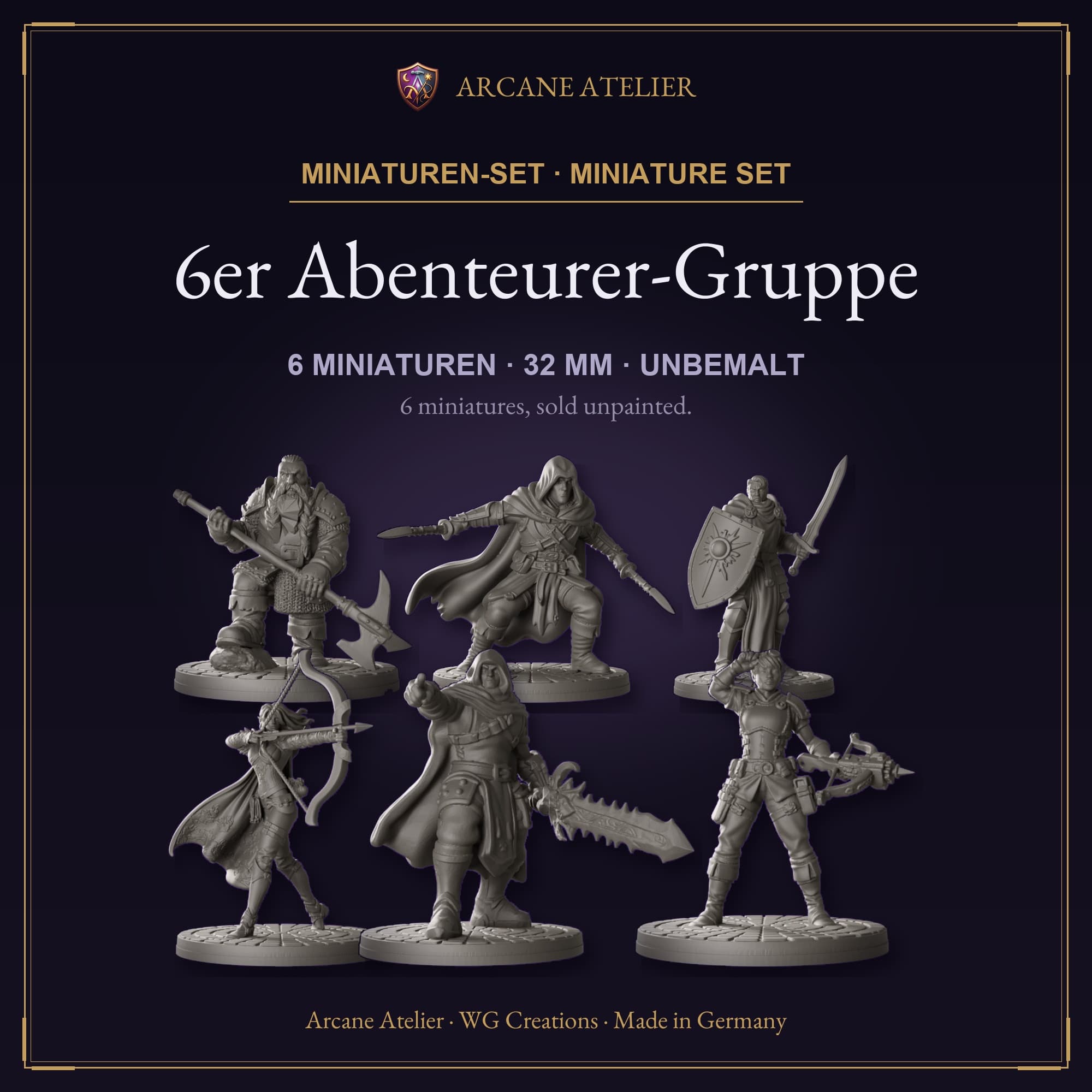 Digitaler Produkt-Render (1 von 2) von Abenteurergruppe mit sechs Figuren in unbemaltem Dunkelgrau.