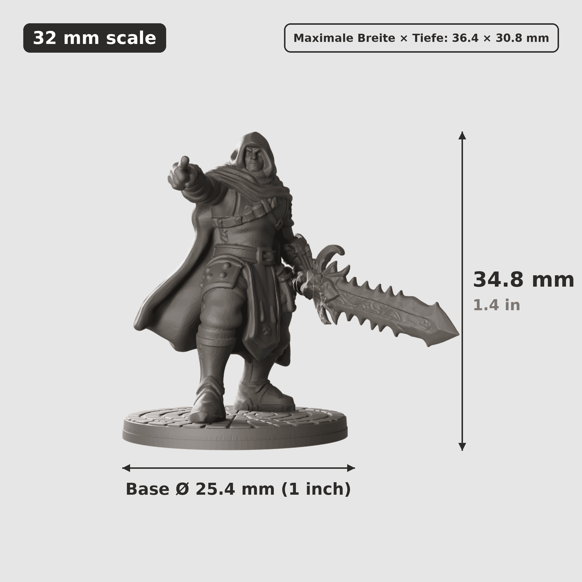 Digitale Maßreferenz / Scale reference (5 von 6) für Abenteurergruppe mit sechs Figuren mit Höhe / height, Breite / width, Tiefe / depth und Base-Durchmesser / base diameter.