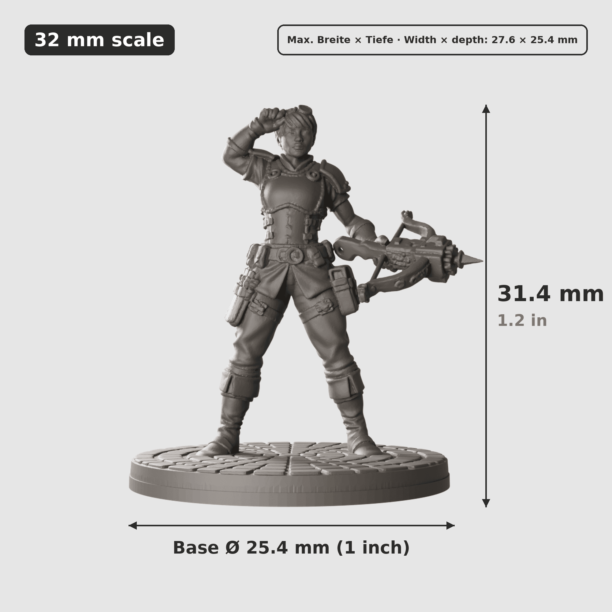 Digitale Maßreferenz / Scale reference (6 von 6) für Abenteurergruppe mit sechs Figuren mit Höhe / height, Breite / width, Tiefe / depth und Base-Durchmesser / base diameter.