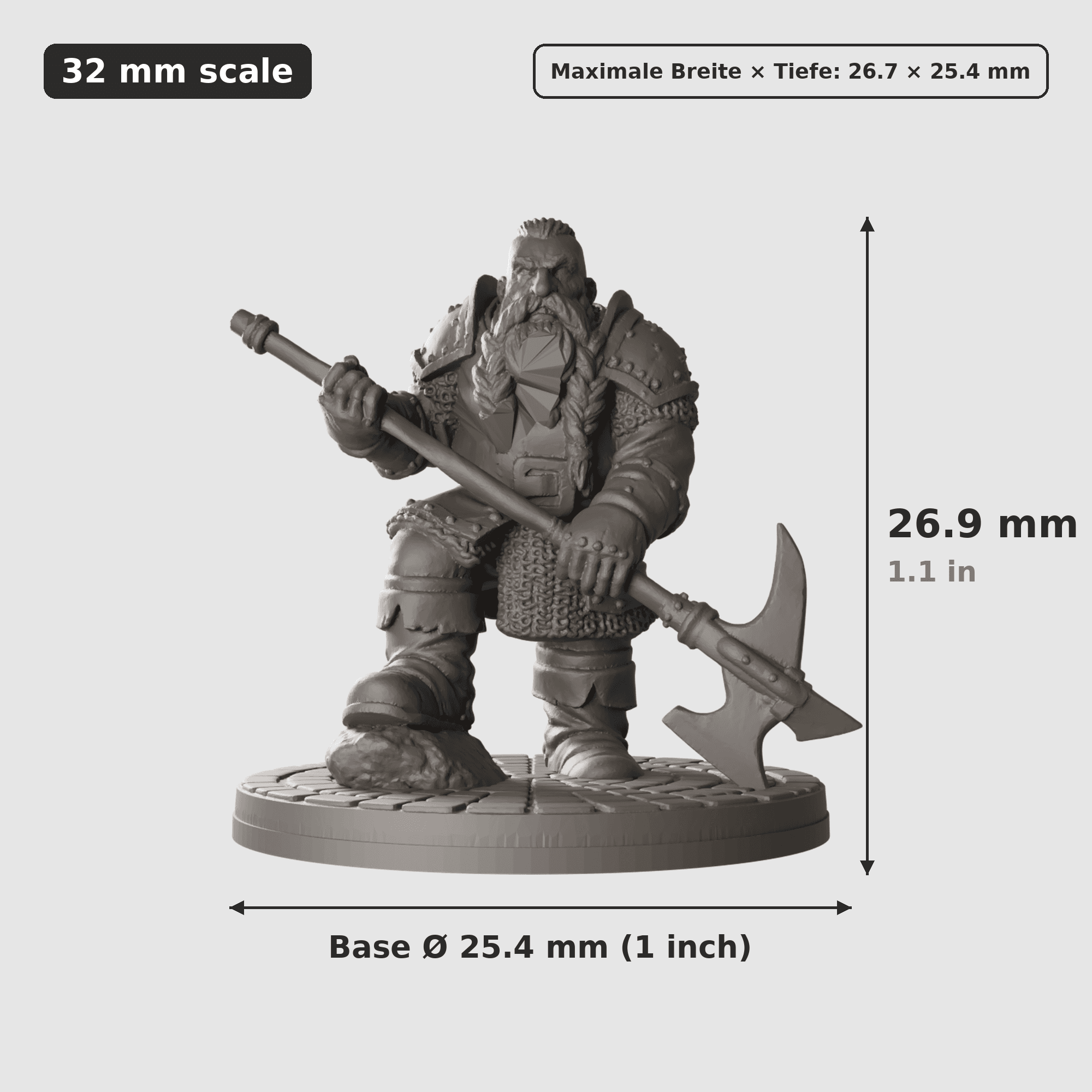 Digitale Maßreferenz / Scale reference (1 von 6) für Abenteurergruppe mit sechs Figuren mit Höhe / height, Breite / width, Tiefe / depth und Base-Durchmesser / base diameter.
