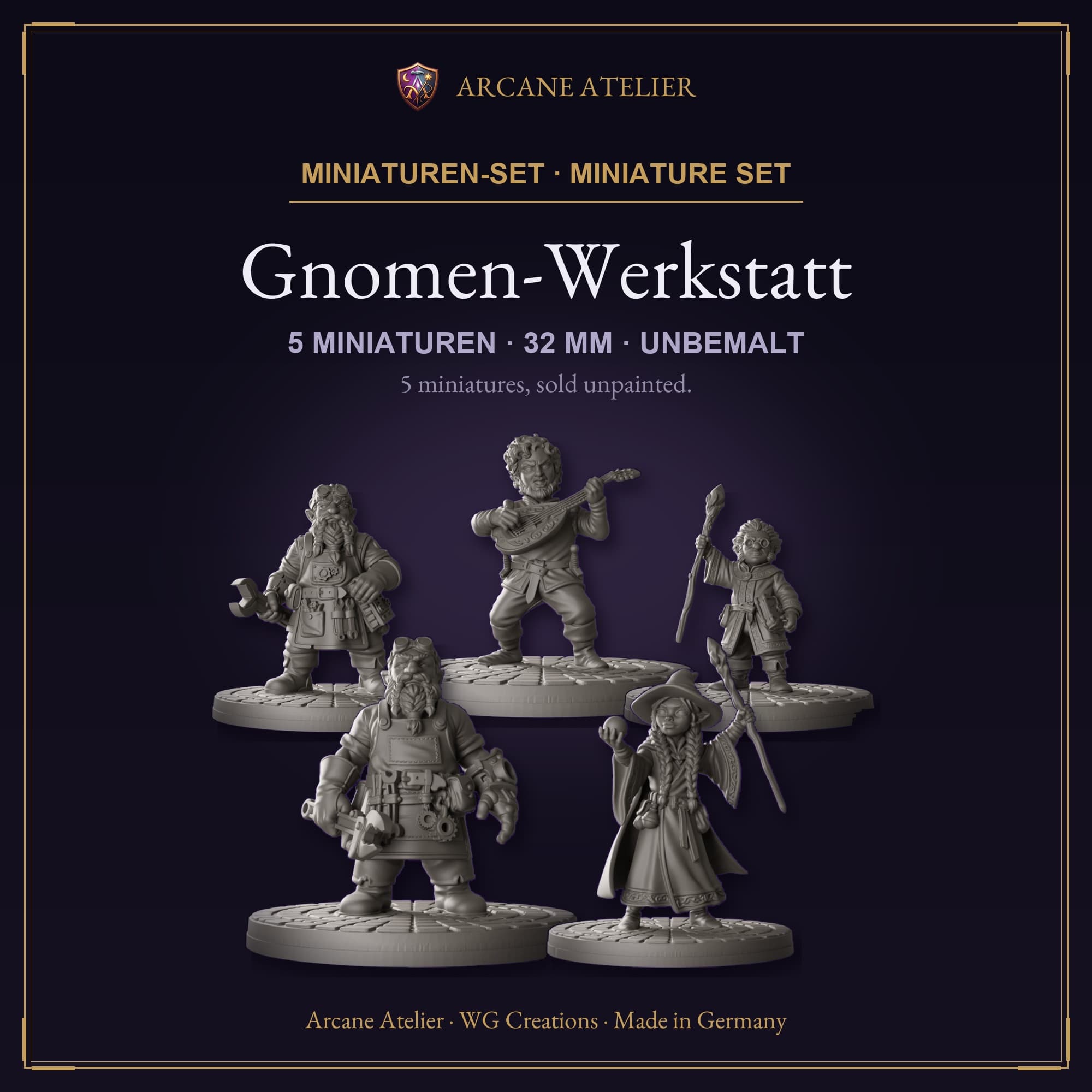 Digitaler Produkt-Render (1 von 2) von Gnomen-Werkstatt mit fünf Figuren in unbemaltem Dunkelgrau.