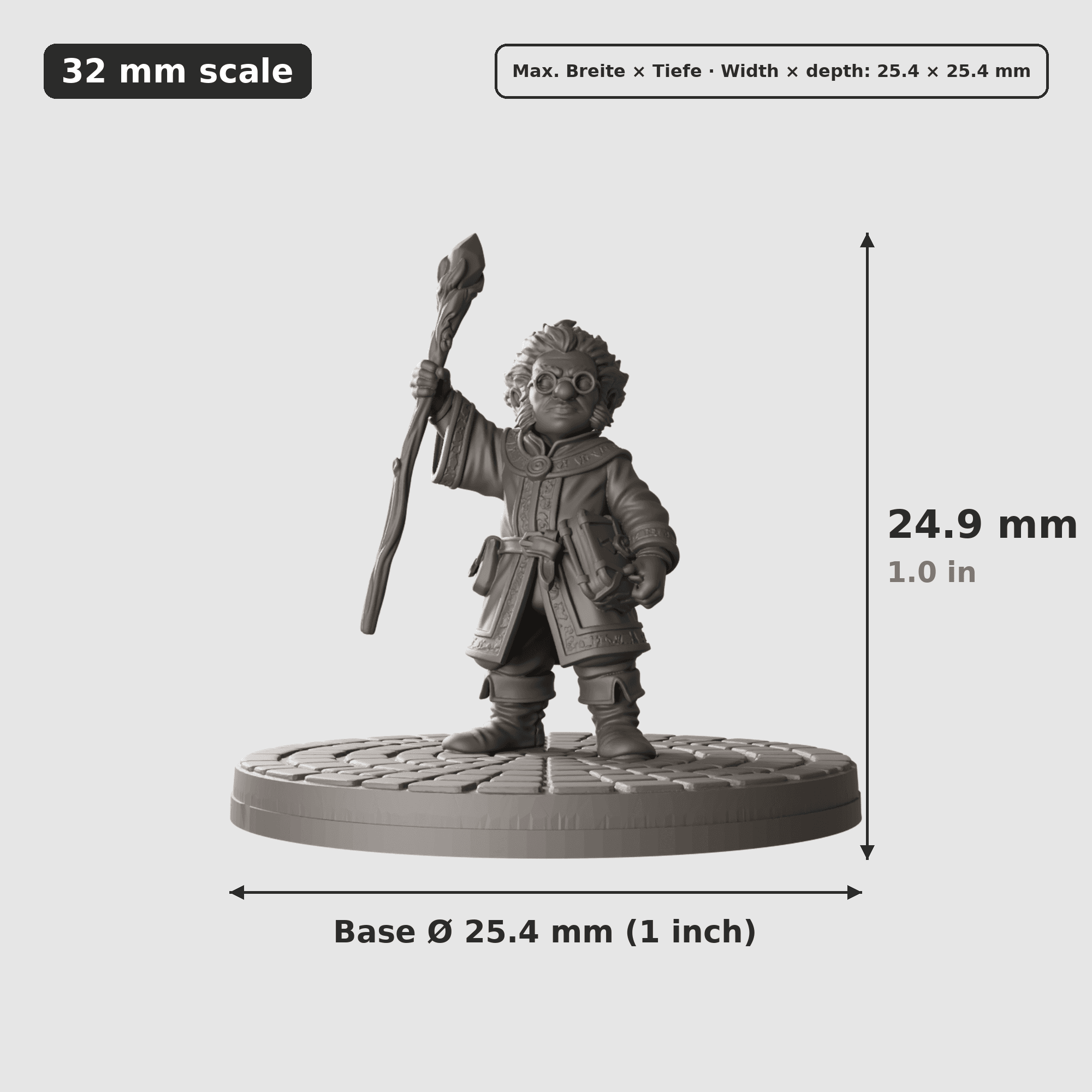 Digitale Maßreferenz / Scale reference (2 von 5) für Gnomen-Werkstatt mit fünf Figuren mit Höhe / height, Breite / width, Tiefe / depth und Base-Durchmesser / base diameter.