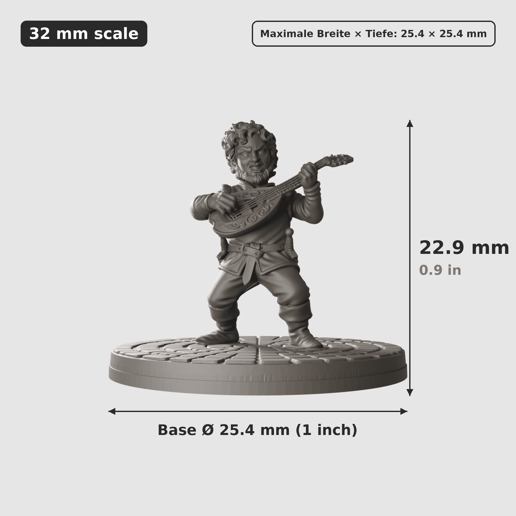 Digitale Maßreferenz / Scale reference (3 von 5) für Gnomen-Werkstatt mit fünf Figuren mit Höhe / height, Breite / width, Tiefe / depth und Base-Durchmesser / base diameter.