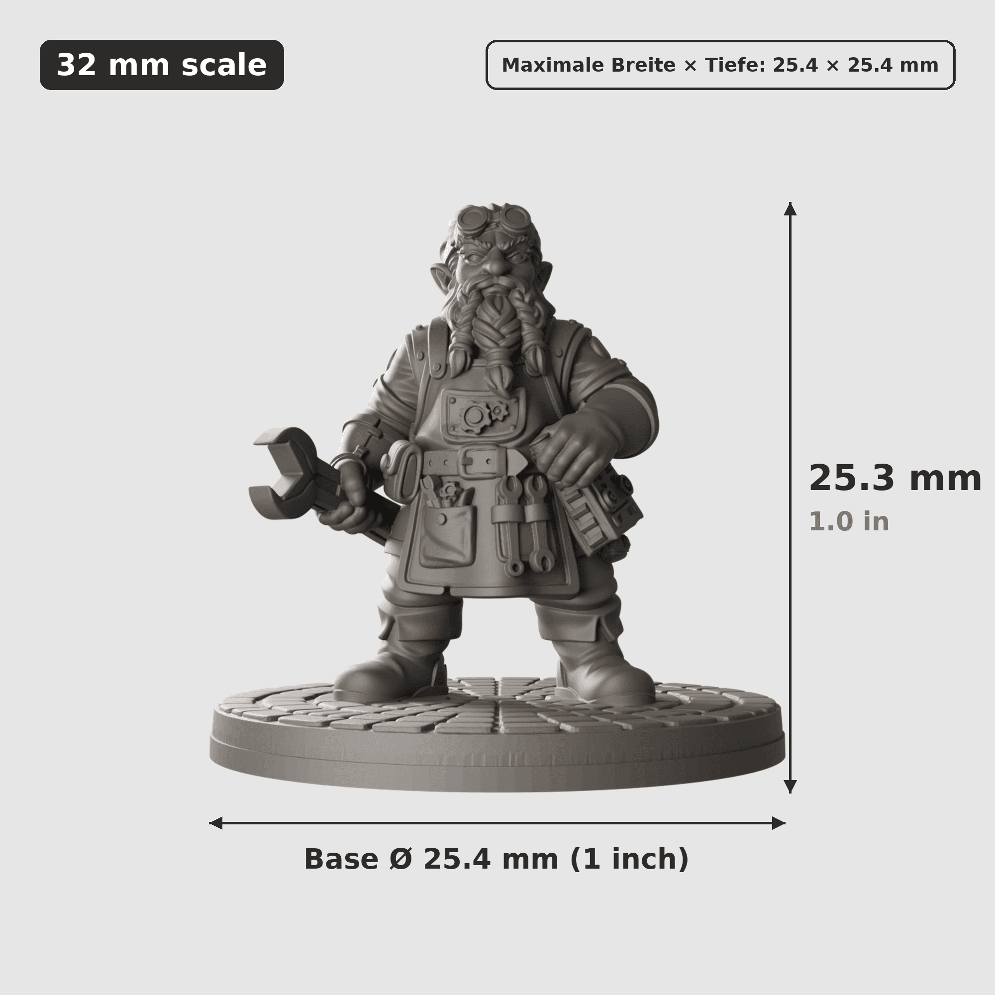 Digitale Maßreferenz / Scale reference (4 von 5) für Gnomen-Werkstatt mit fünf Figuren mit Höhe / height, Breite / width, Tiefe / depth und Base-Durchmesser / base diameter.