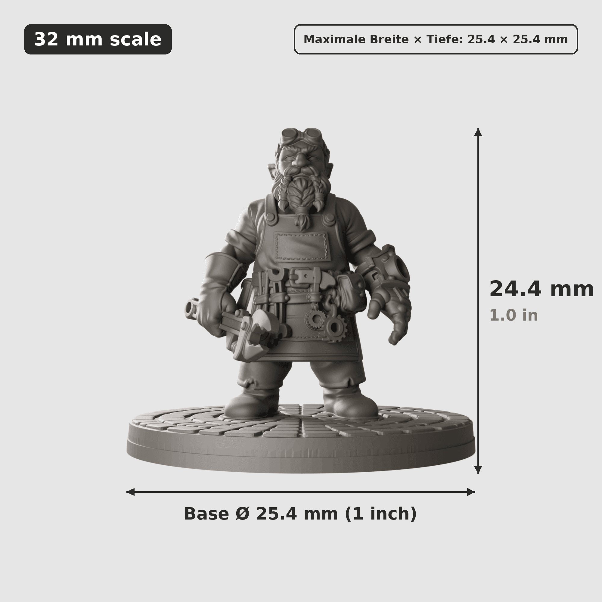 Digitale Maßreferenz / Scale reference (5 von 5) für Gnomen-Werkstatt mit fünf Figuren mit Höhe / height, Breite / width, Tiefe / depth und Base-Durchmesser / base diameter.