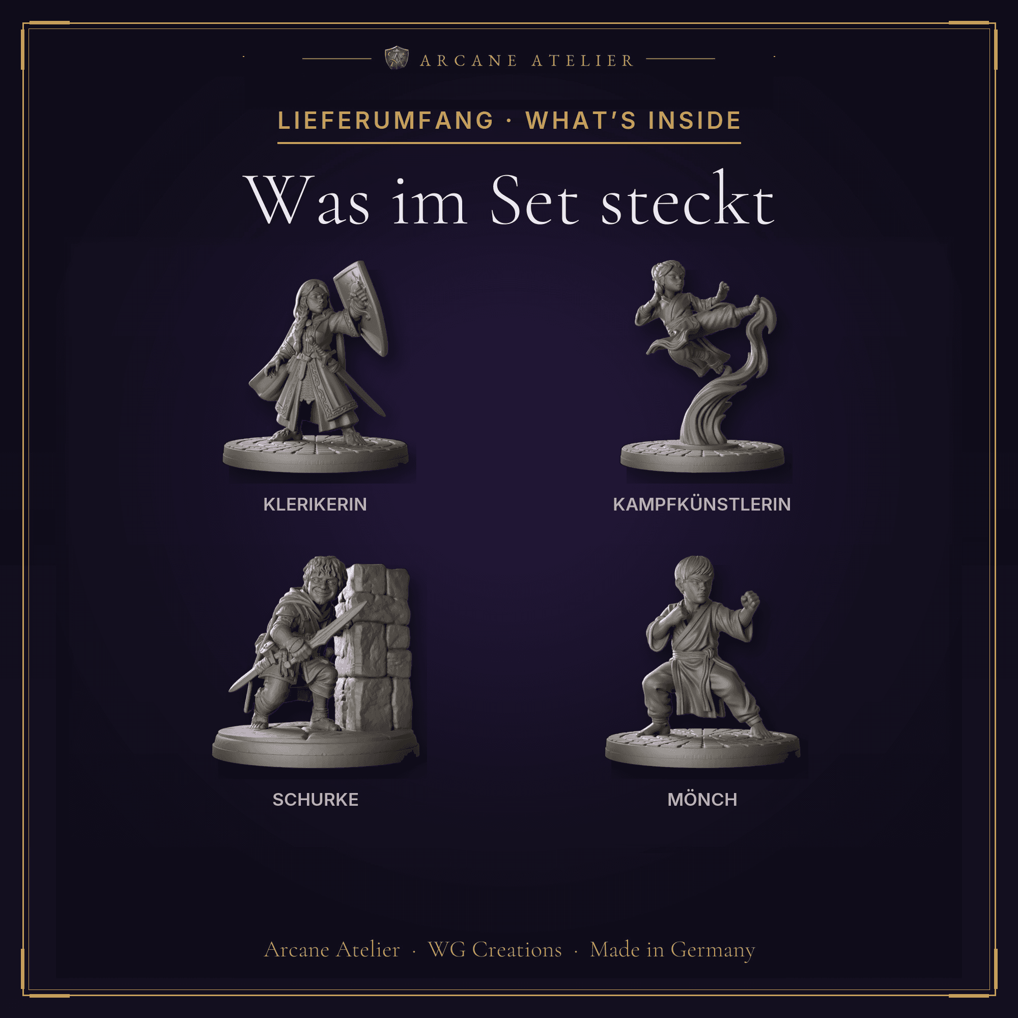 Digitaler Produkt-Render (2 von 2) von Halbling-Gefährten mit vier Figuren in unbemaltem Dunkelgrau.