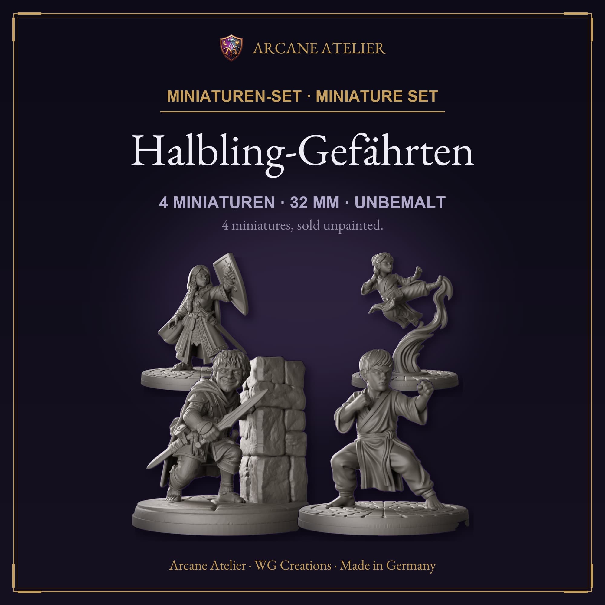 Digitaler Produkt-Render (1 von 2) von Halbling-Gefährten mit vier Figuren in unbemaltem Dunkelgrau.