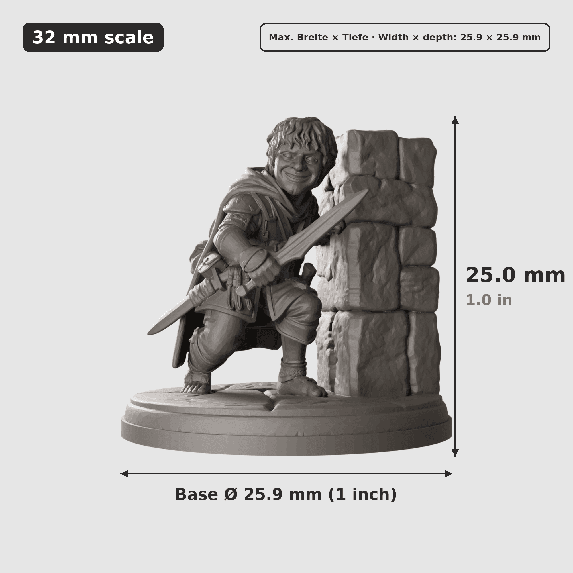 Digitale Maßreferenz / Scale reference (2 von 4) für Halbling-Gefährten mit vier Figuren mit Höhe / height, Breite / width, Tiefe / depth und Base-Durchmesser / base diameter.