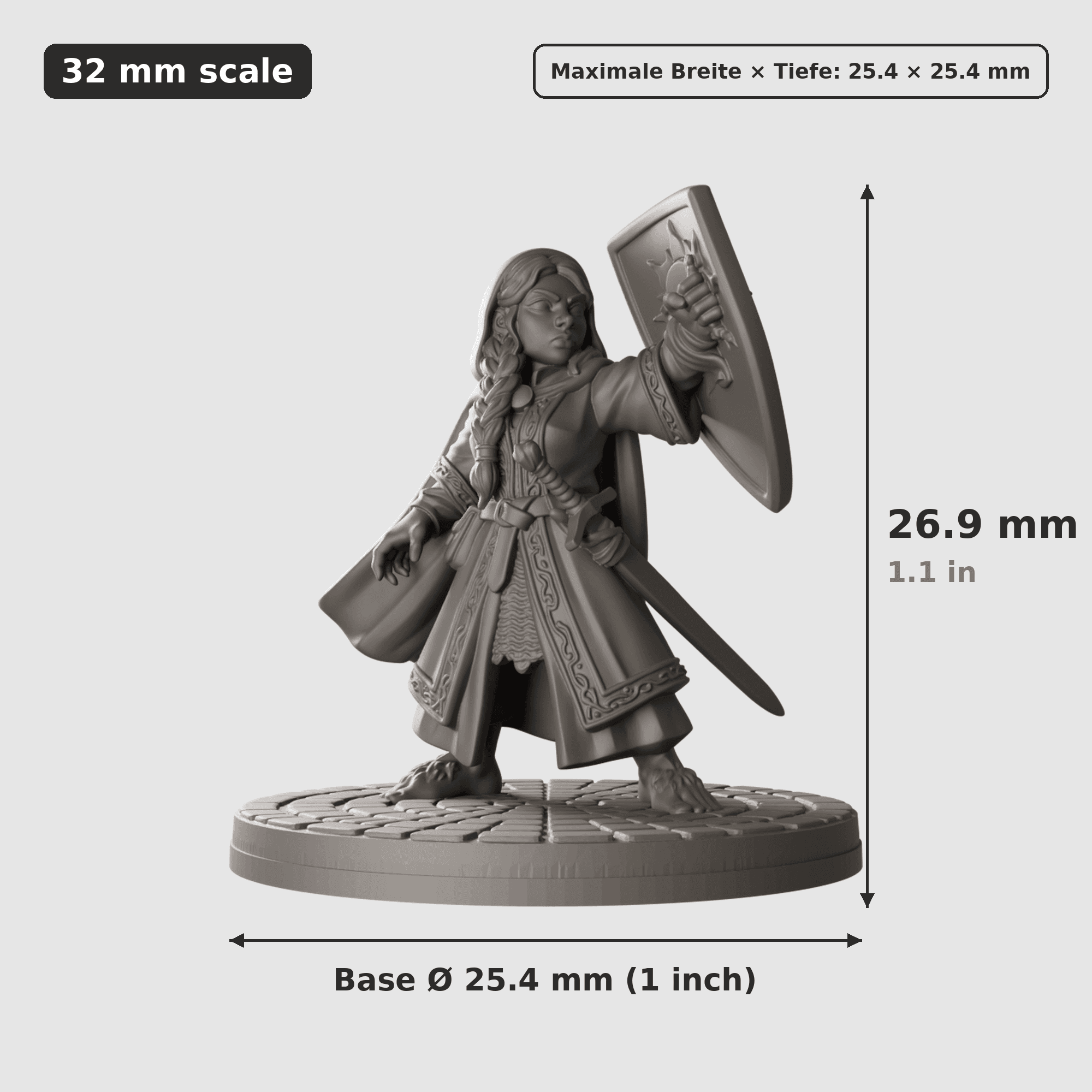 Digitale Maßreferenz / Scale reference (3 von 4) für Halbling-Gefährten mit vier Figuren mit Höhe / height, Breite / width, Tiefe / depth und Base-Durchmesser / base diameter.
