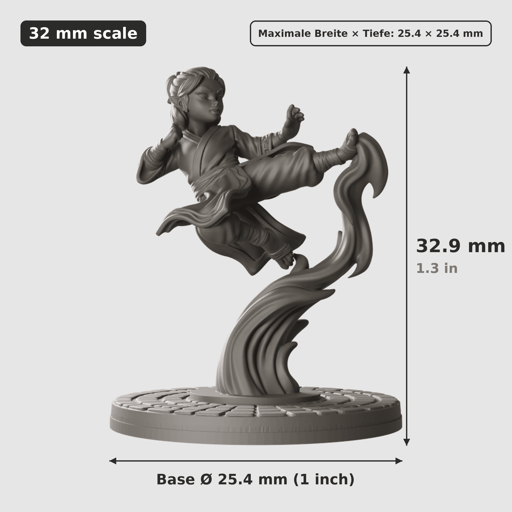 Digitale Maßreferenz / Scale reference (4 von 4) für Halbling-Gefährten mit vier Figuren mit Höhe / height, Breite / width, Tiefe / depth und Base-Durchmesser / base diameter.