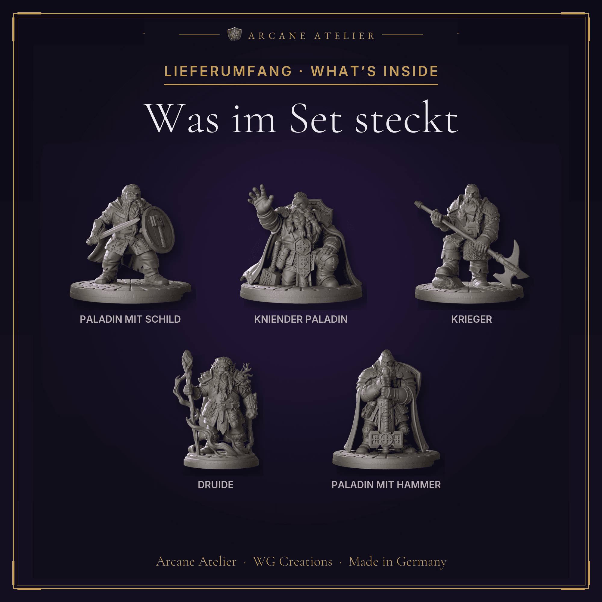 Digitaler Produkt-Render (2 von 2) von Bruderschaft der Zwerge mit fünf Figuren in unbemaltem Dunkelgrau.
