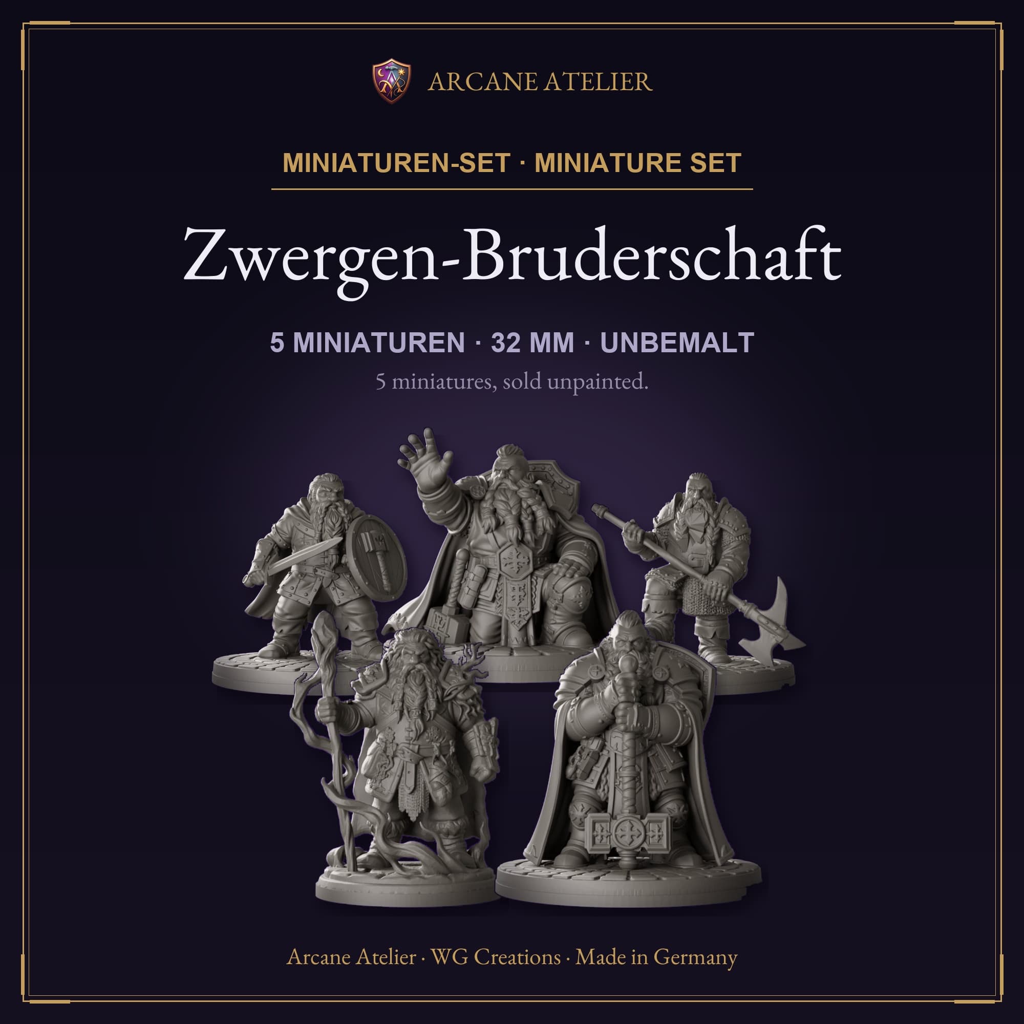 Digitaler Produkt-Render (1 von 2) von Bruderschaft der Zwerge mit fünf Figuren in unbemaltem Dunkelgrau.
