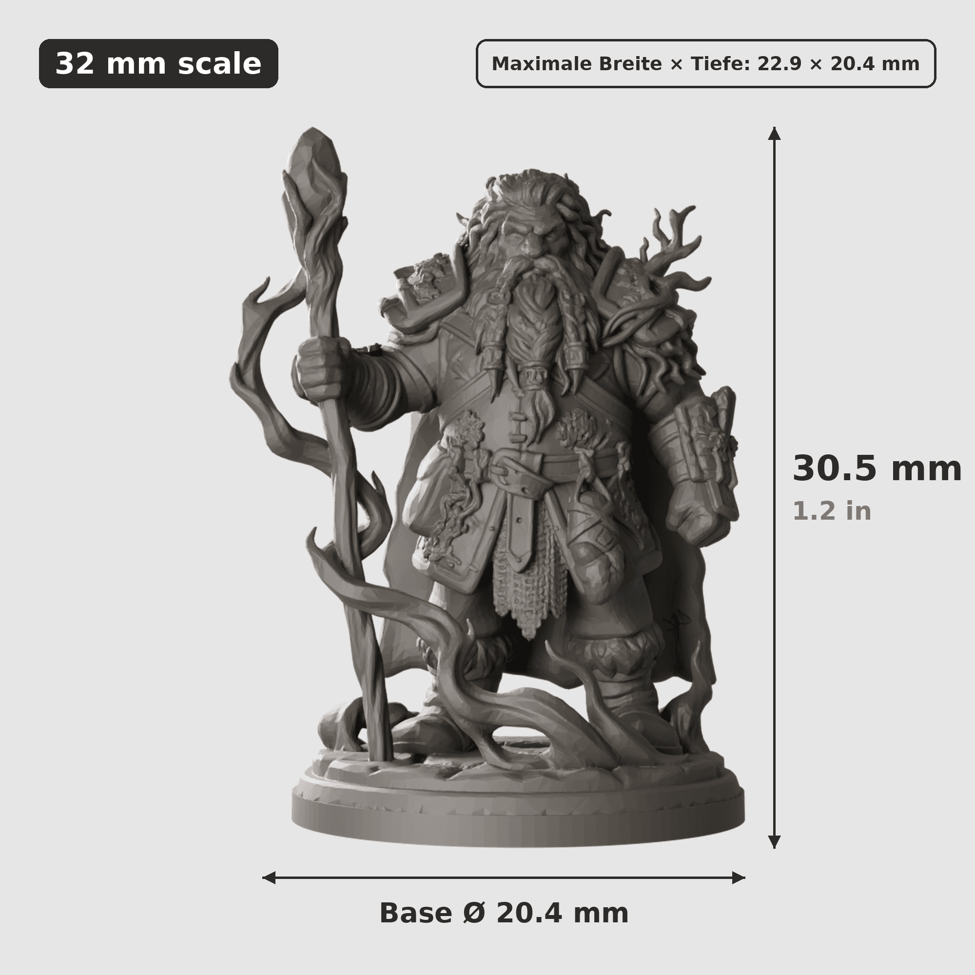 Digitale Maßreferenz / Scale reference (2 von 5) für Bruderschaft der Zwerge mit fünf Figuren mit Höhe / height, Breite / width, Tiefe / depth und Base-Durchmesser / base diameter.