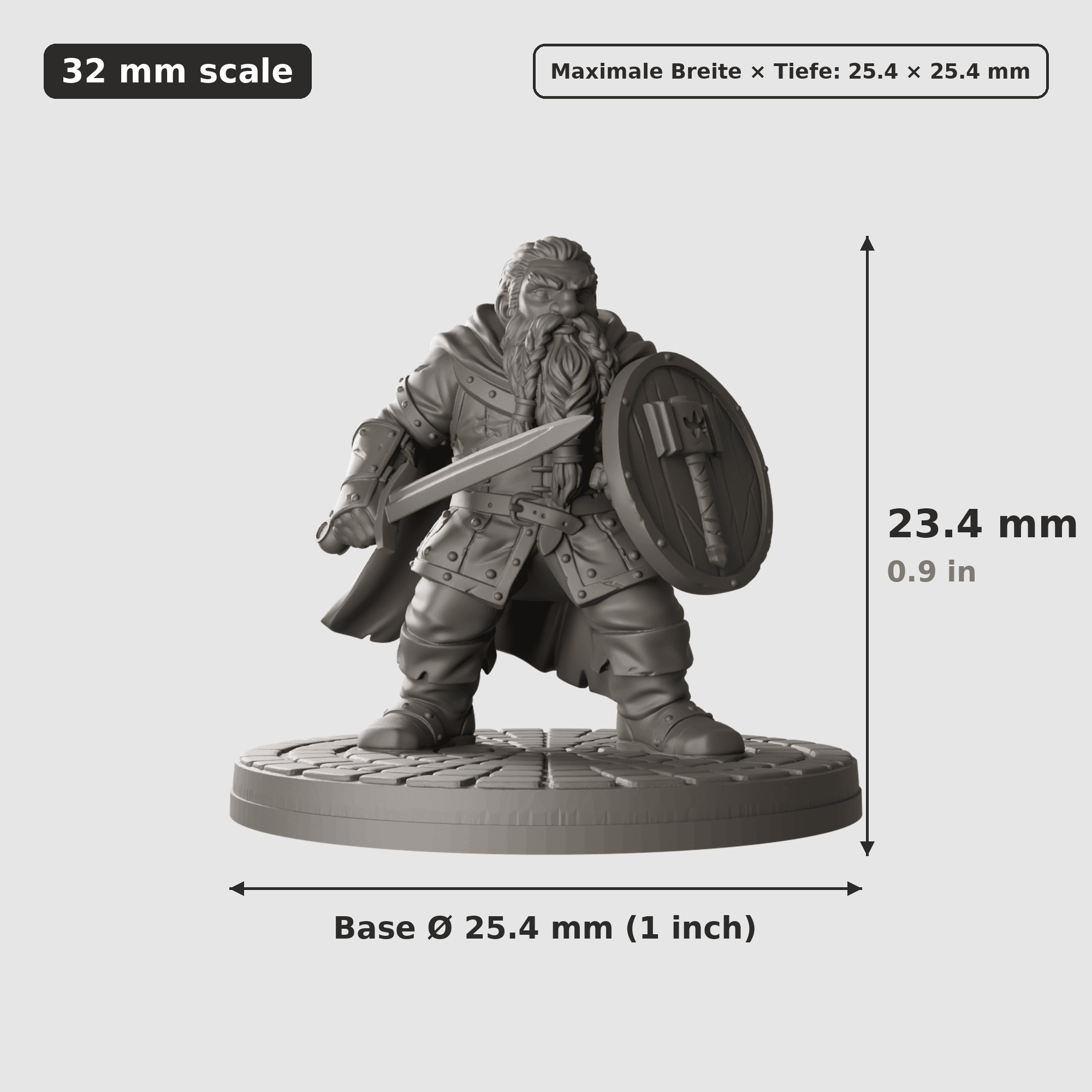 Digitale Maßreferenz / Scale reference (3 von 5) für Bruderschaft der Zwerge mit fünf Figuren mit Höhe / height, Breite / width, Tiefe / depth und Base-Durchmesser / base diameter.