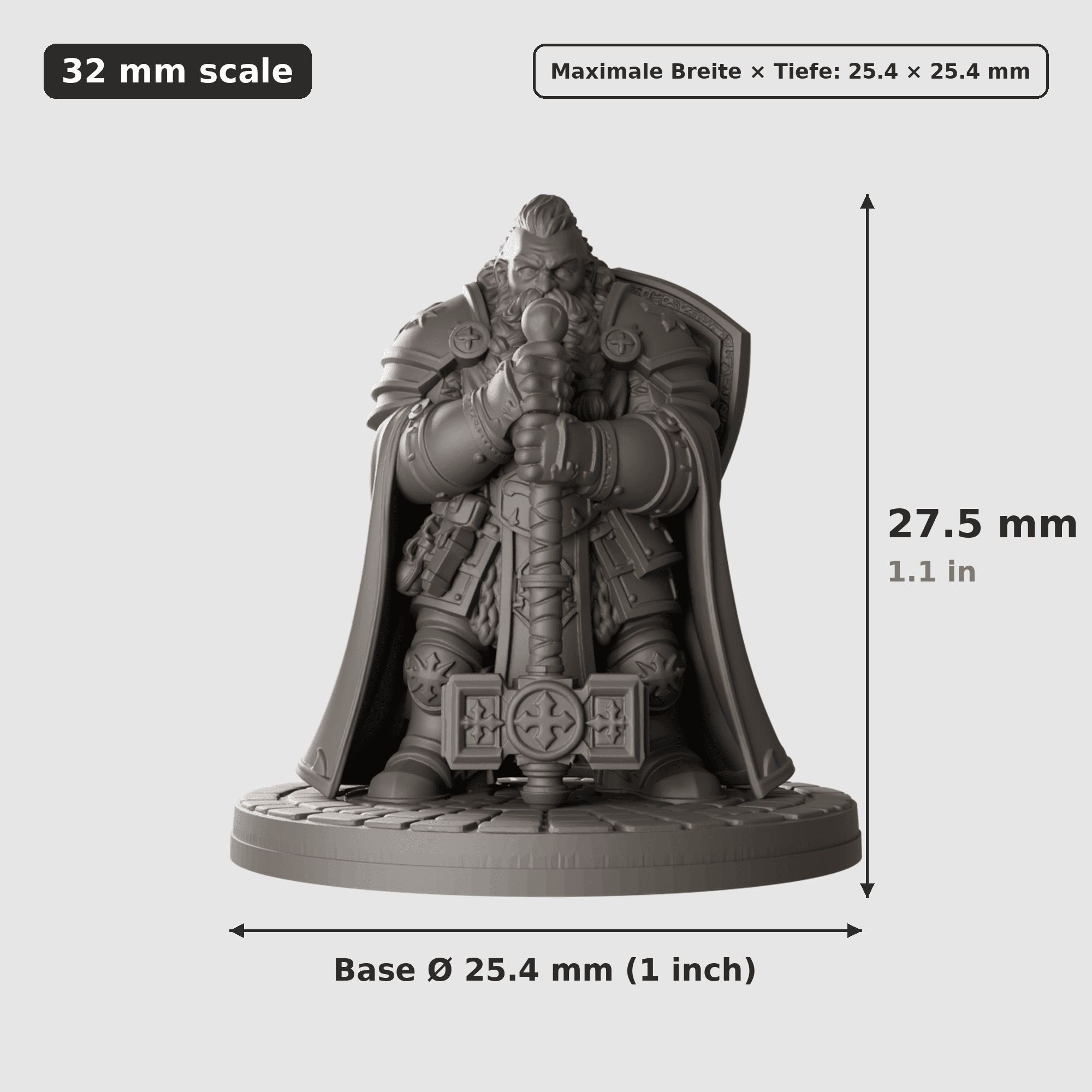 Digitale Maßreferenz / Scale reference (4 von 5) für Bruderschaft der Zwerge mit fünf Figuren mit Höhe / height, Breite / width, Tiefe / depth und Base-Durchmesser / base diameter.