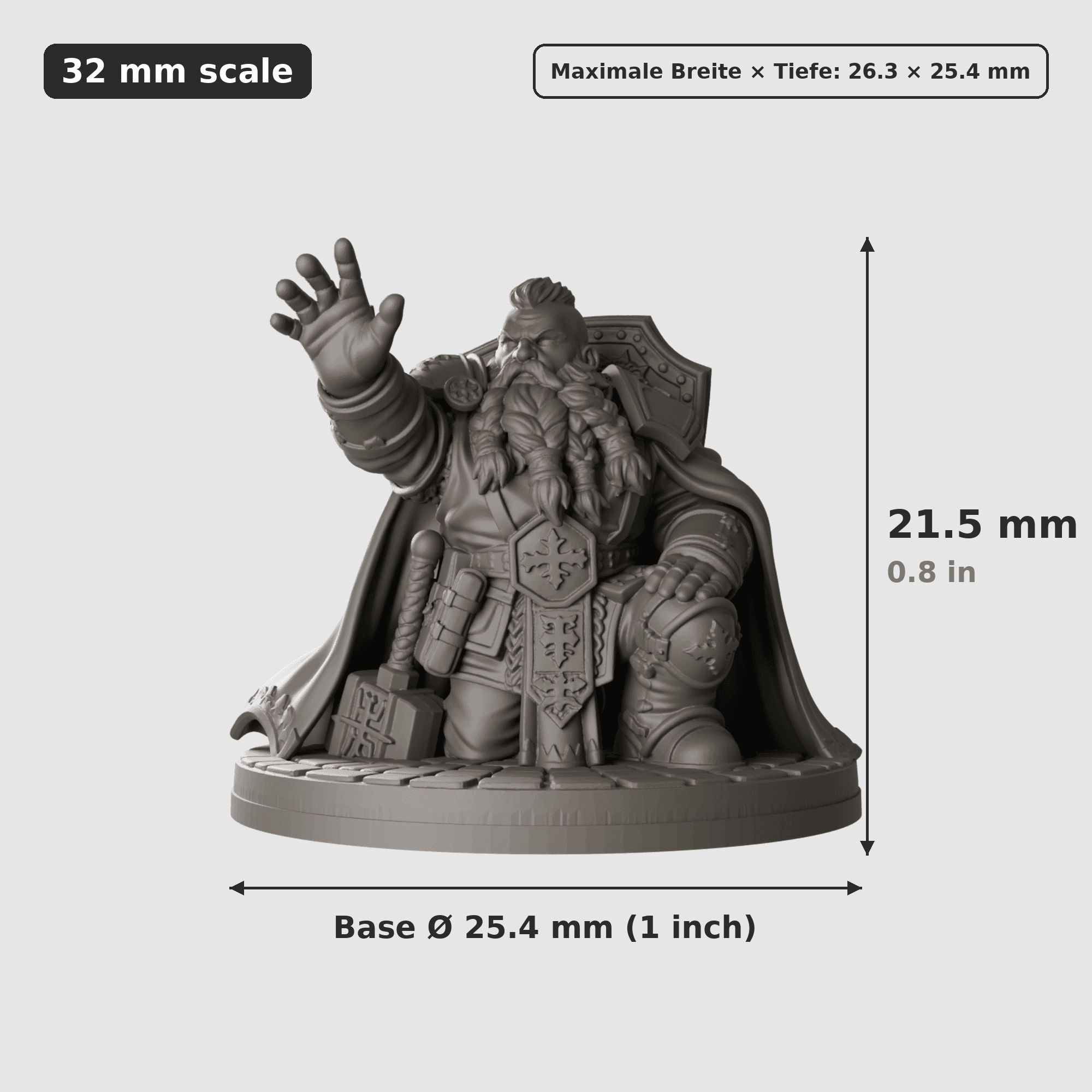 Digitale Maßreferenz / Scale reference (5 von 5) für Bruderschaft der Zwerge mit fünf Figuren mit Höhe / height, Breite / width, Tiefe / depth und Base-Durchmesser / base diameter.