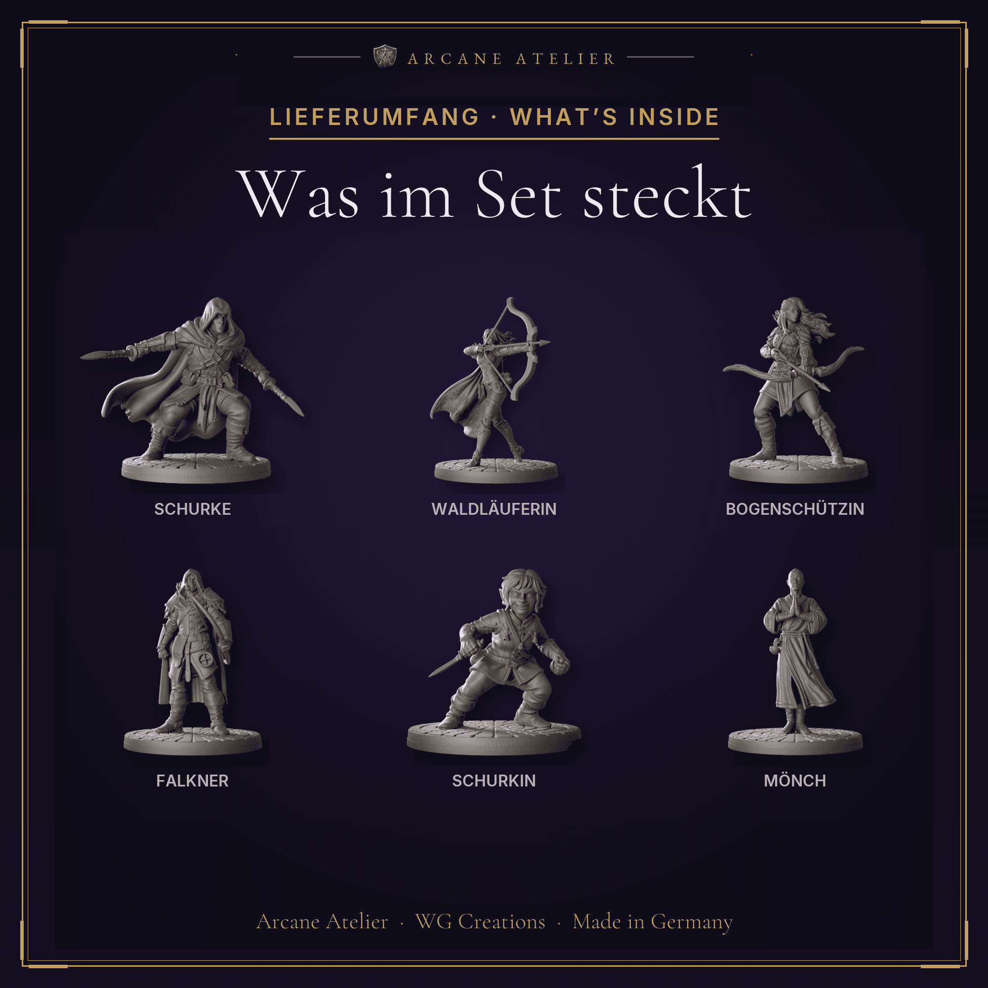 Digitaler Produkt-Render (2 von 2) von Späher-Trupp mit sechs Figuren in unbemaltem Dunkelgrau.